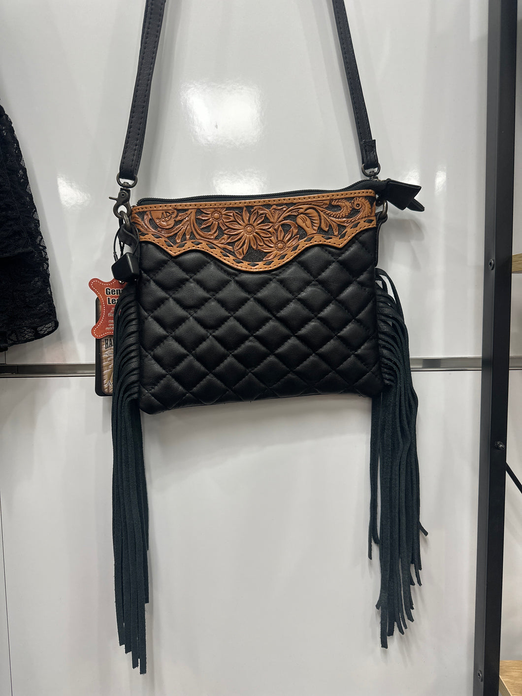 Tooled Leather Black Quilted Crossbody