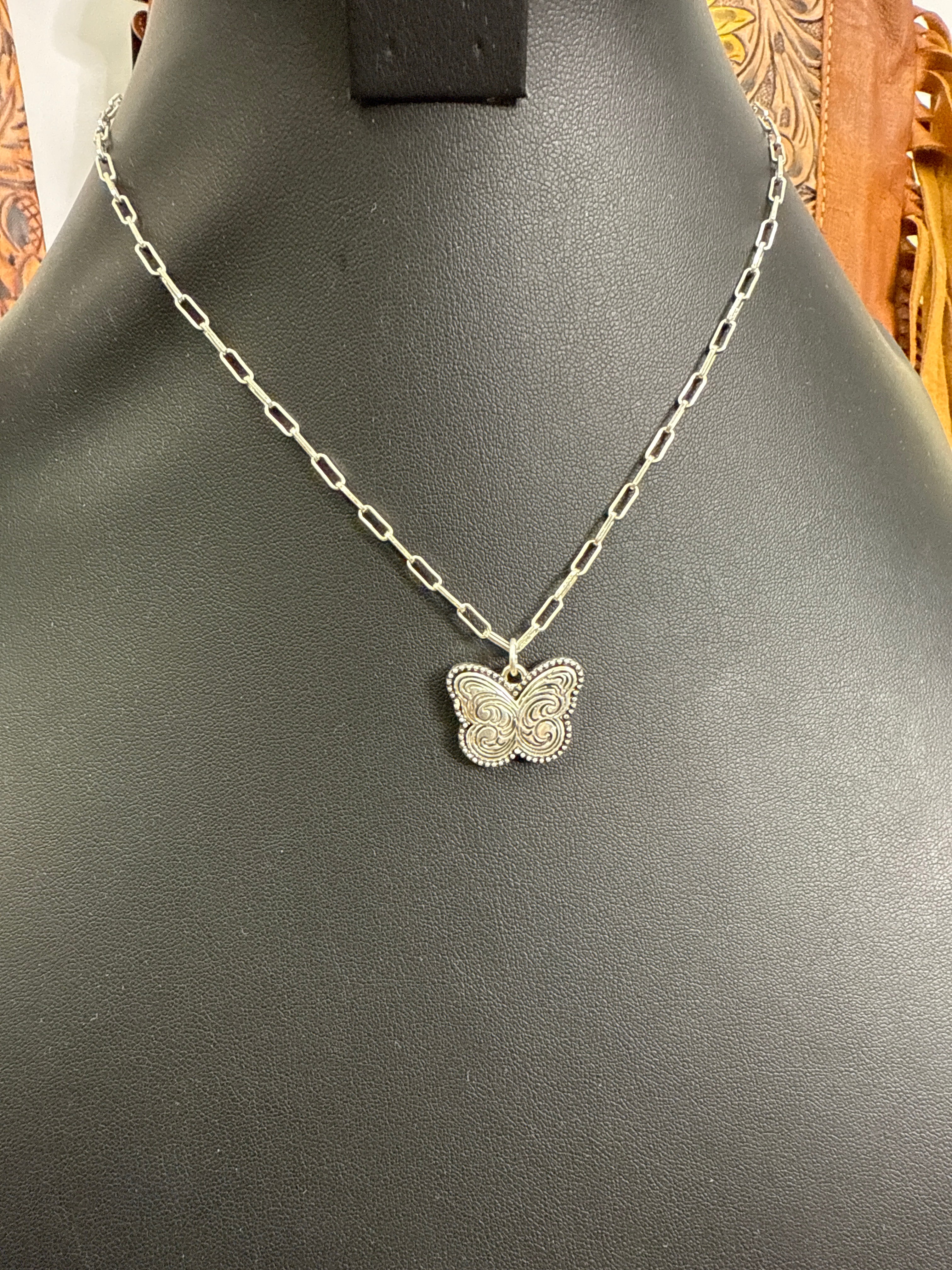 Silver Scroll Stamped Butterfly Necklace