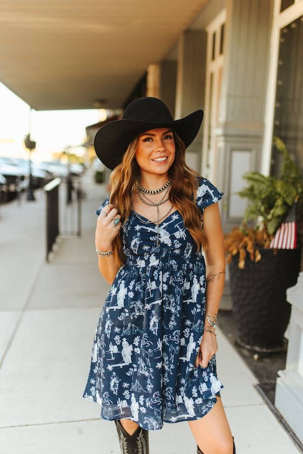 Navy Western Puff Sleeve Dress
