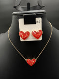 Coral Crackle Heart Necklace and Earrings Set