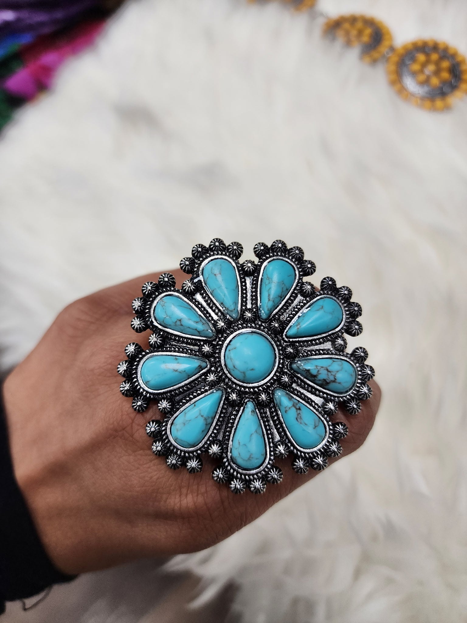 Turquoise Floral Cluster Stretch Ring
