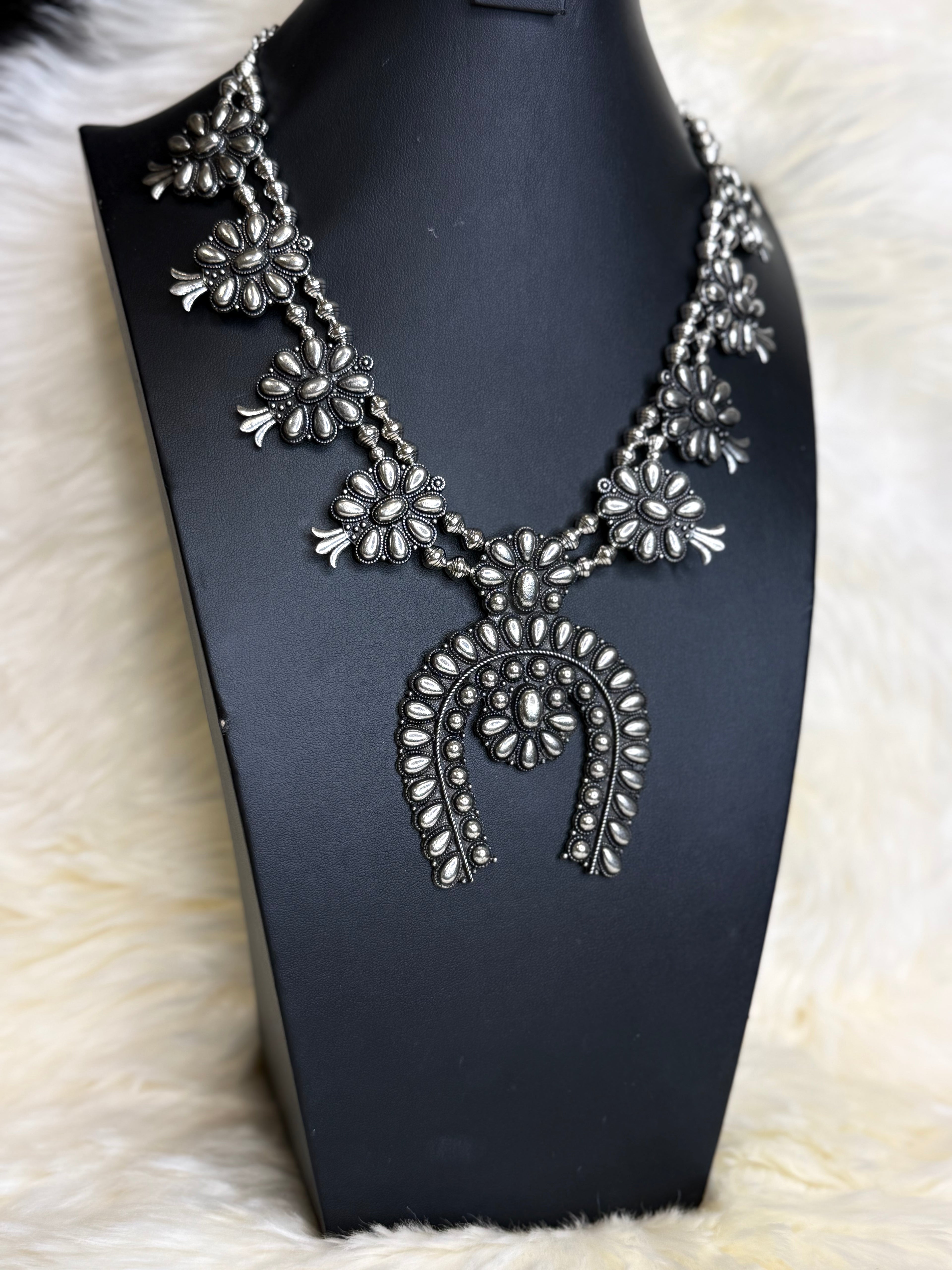 Silver Stamped Cluster Squash Blossom Necklace