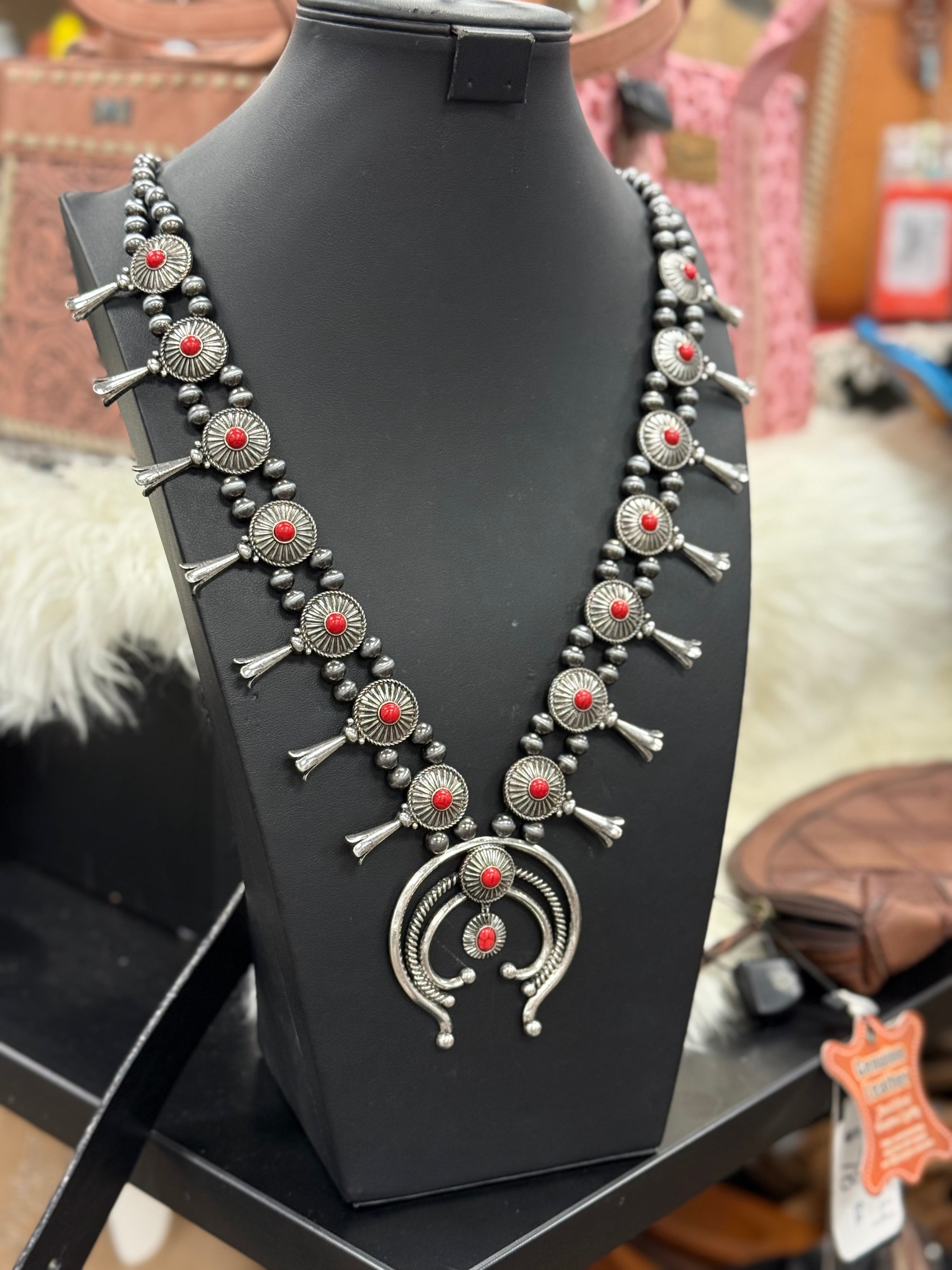 Coral Stone Concho Squash Blossom Necklace