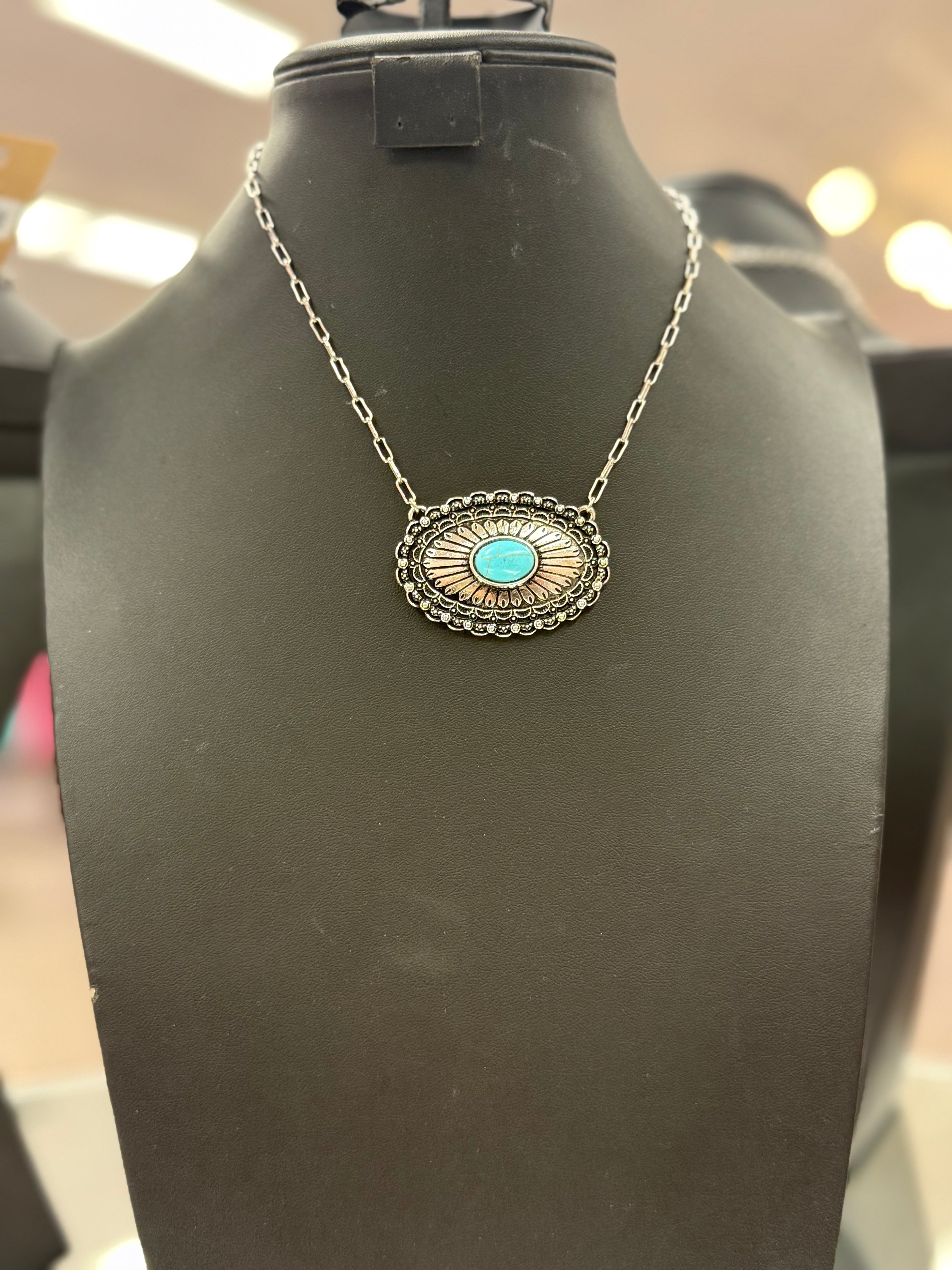Turquoise Stamped Concho Pendant Necklace
