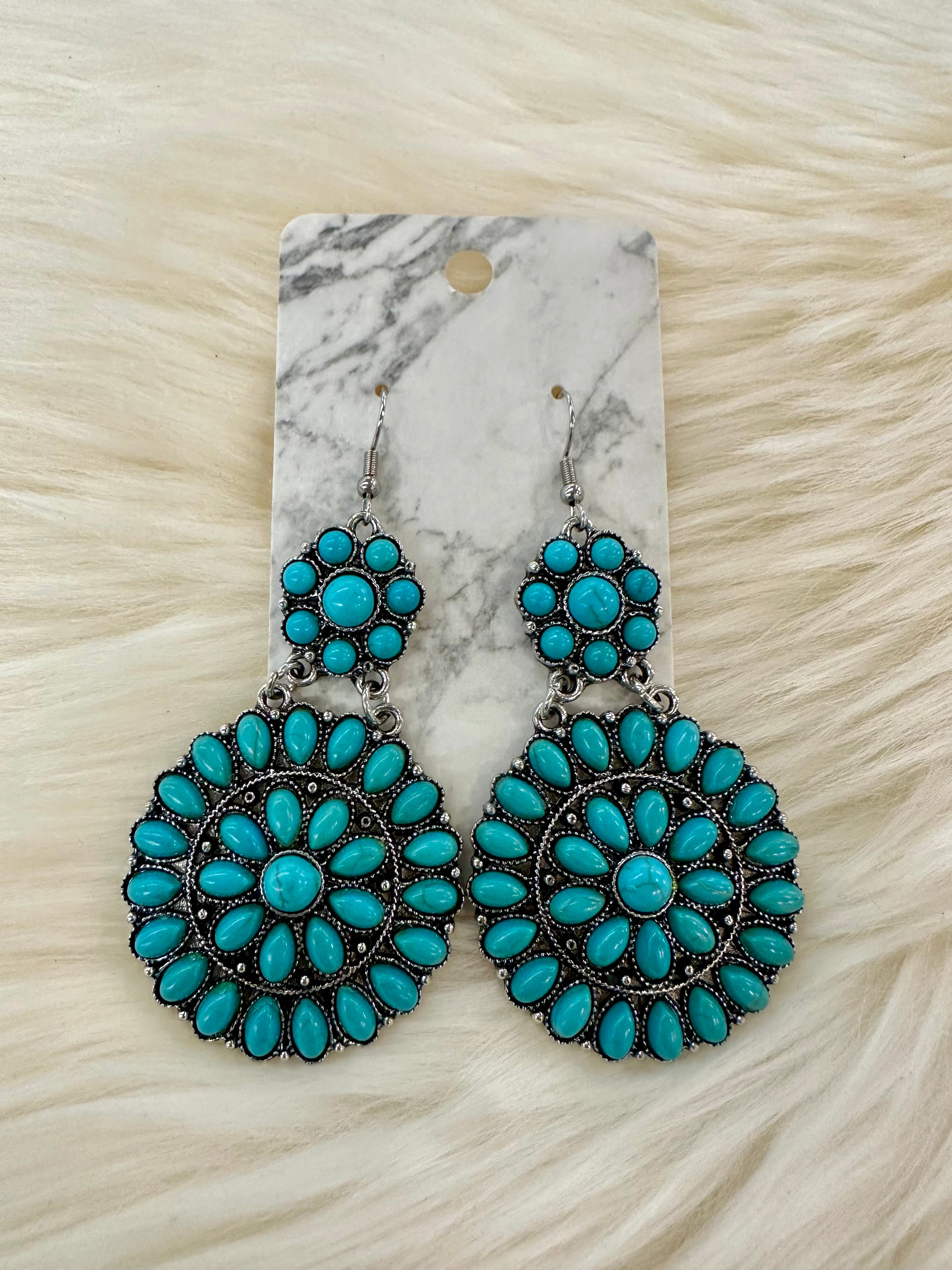 Turquoise Floral Cluster Fishhook Earrings
