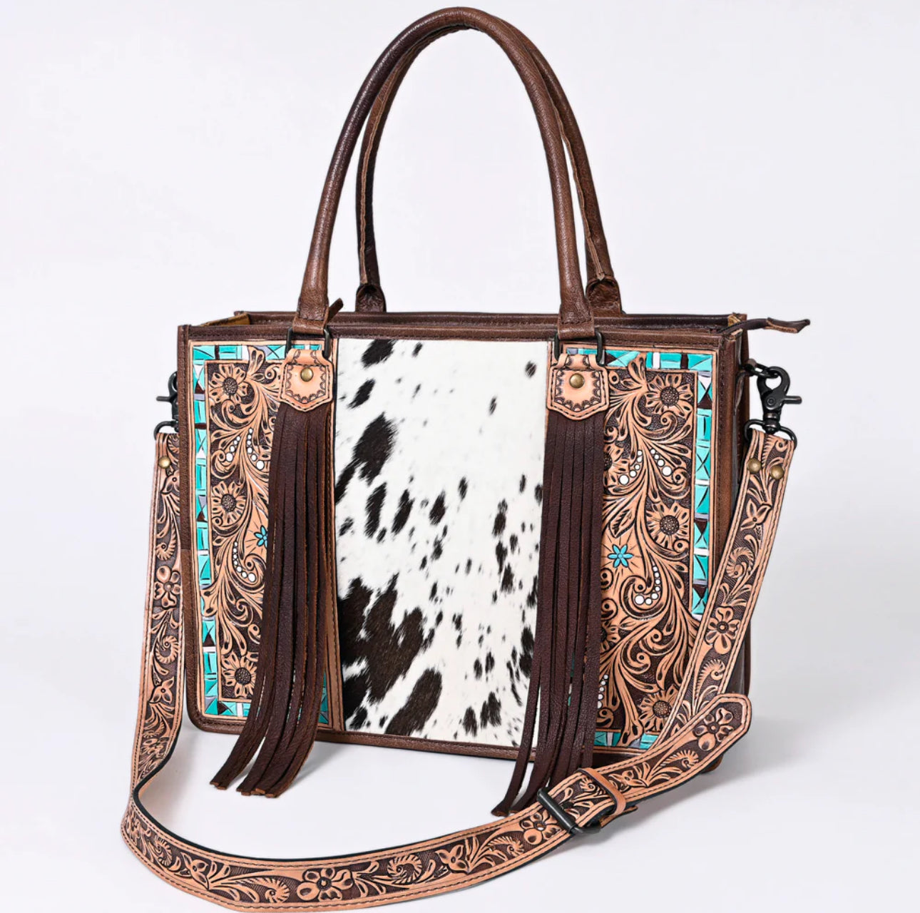 Turquoise Tooled Leather Floral Tote Bag