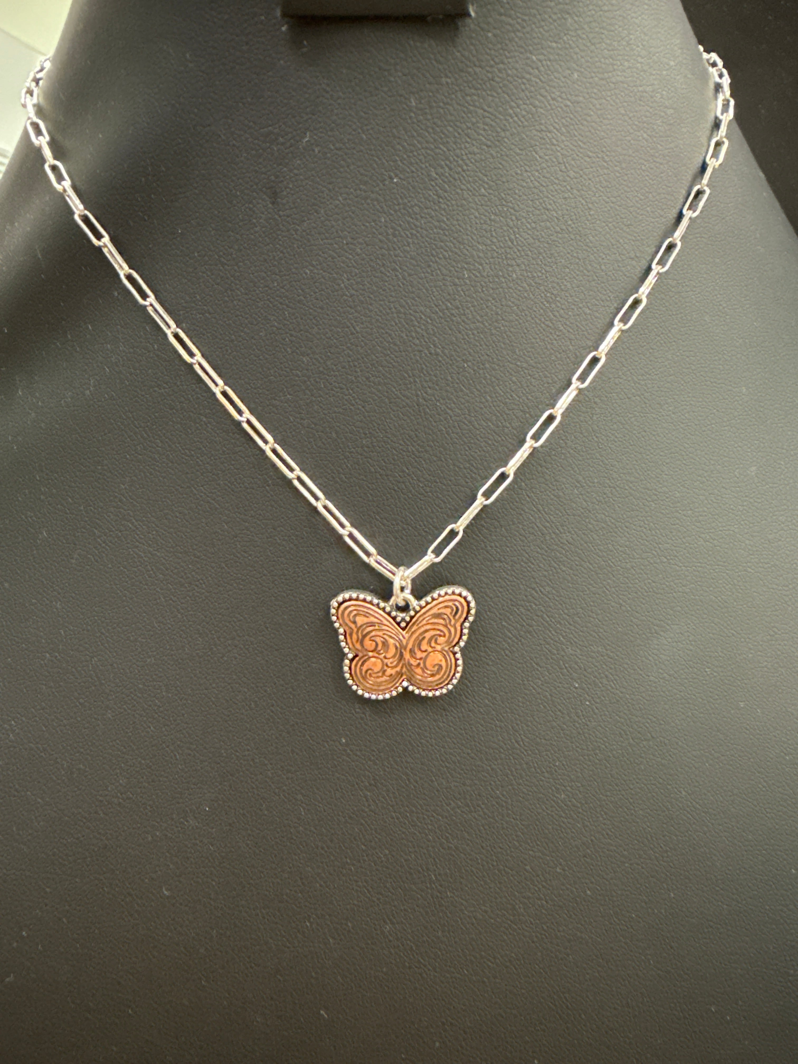 Copper Scroll Stamped Butterfly Necklace