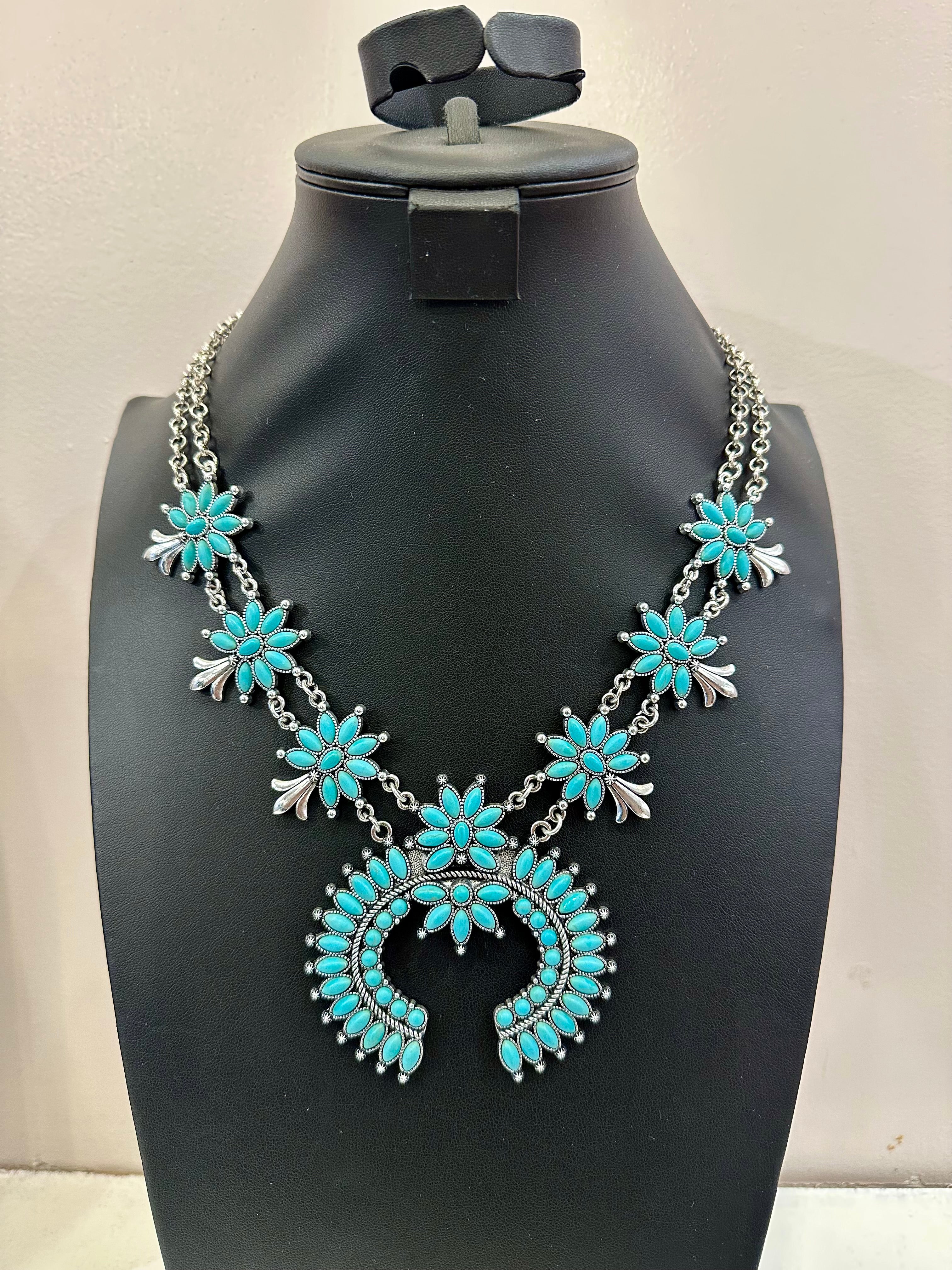 Turquoise Needlepoint Squash Necklace and Earrings Set