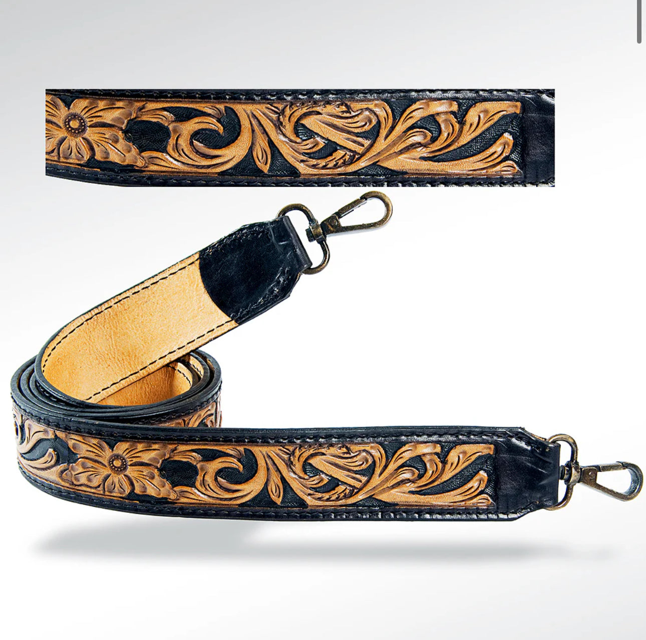 Black Filigree Tooled Leather Purse Strap