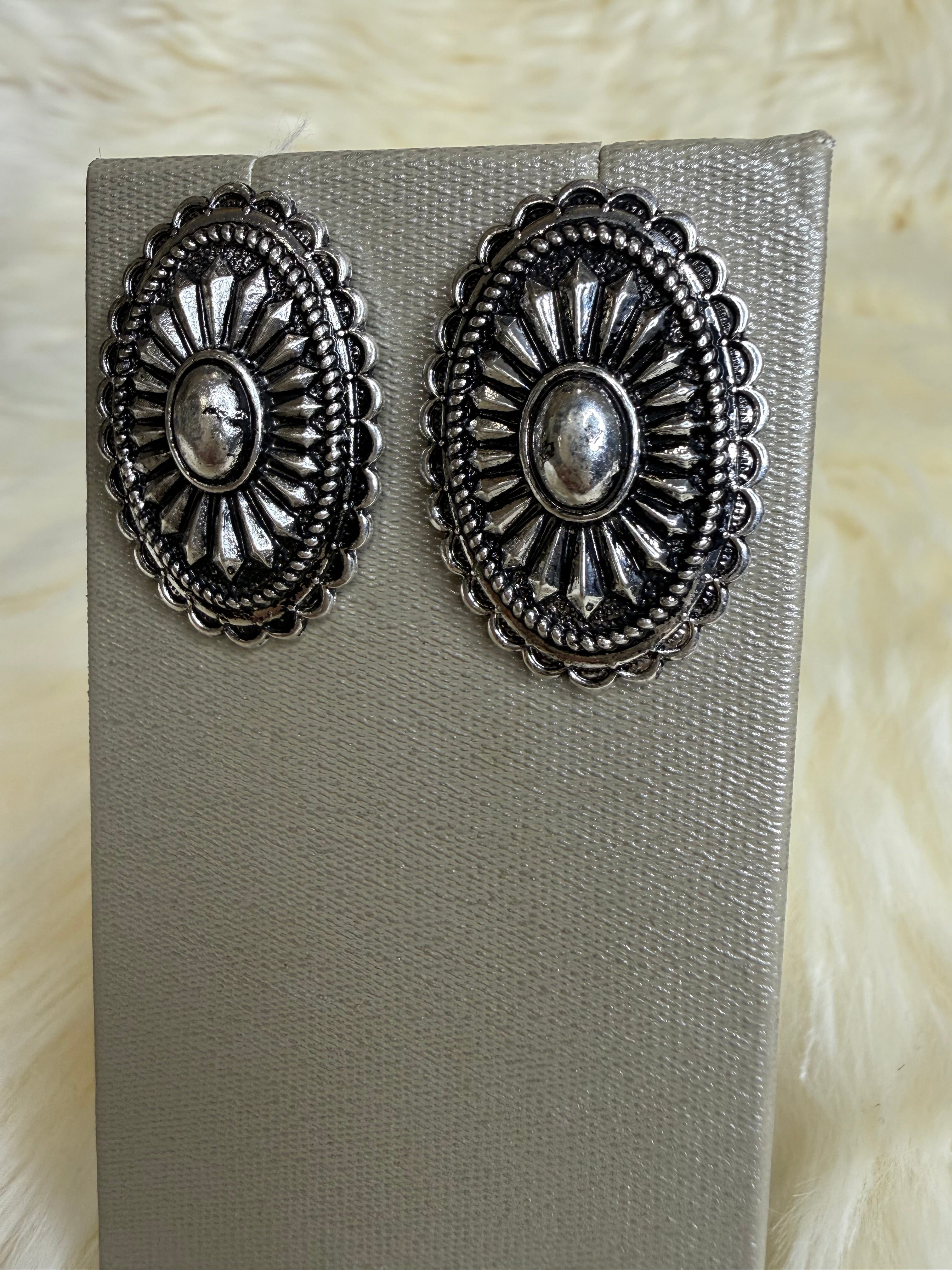 Silver Stamped Oval Concho Post Earrings