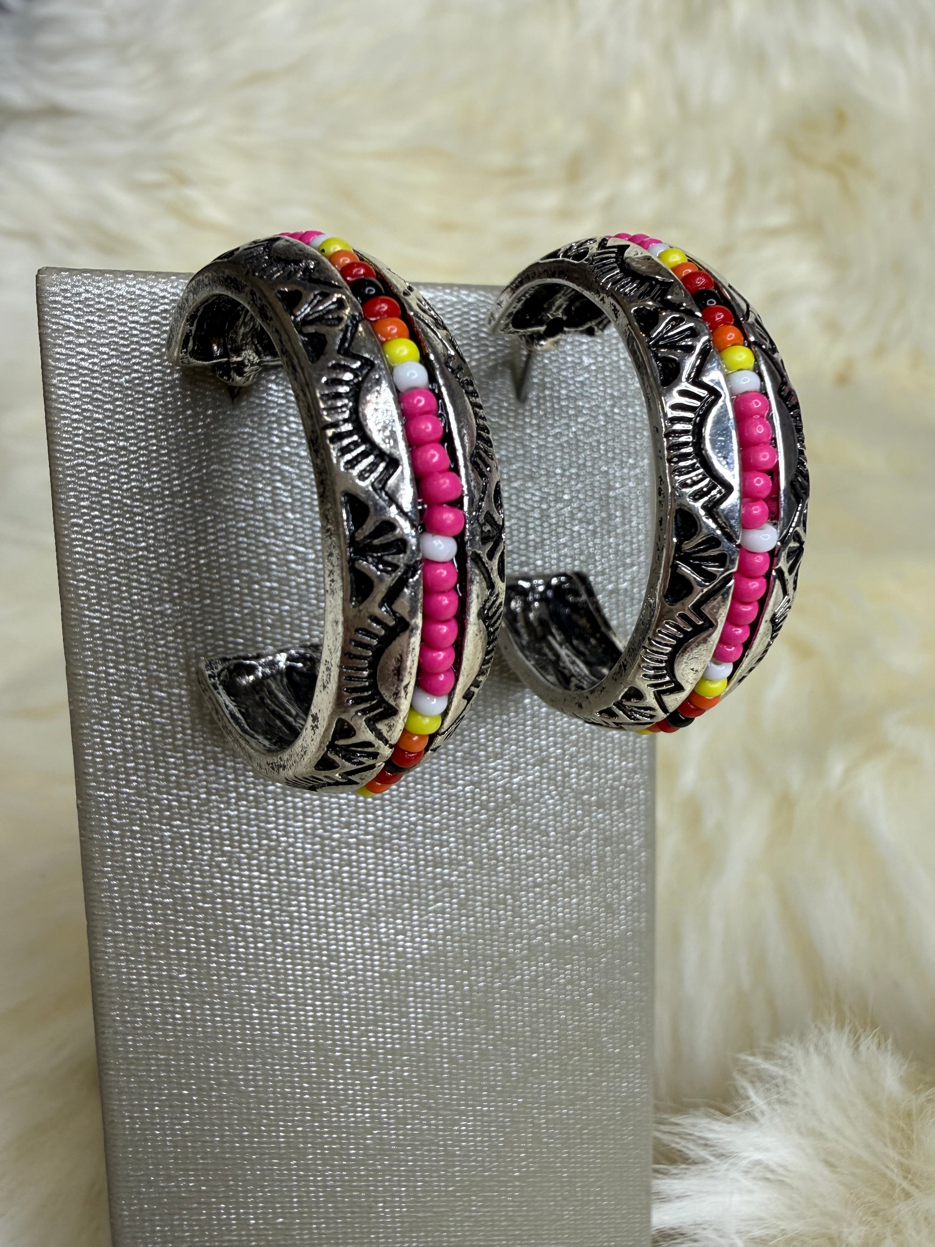 Pink Beaded Hoop Post Earrings