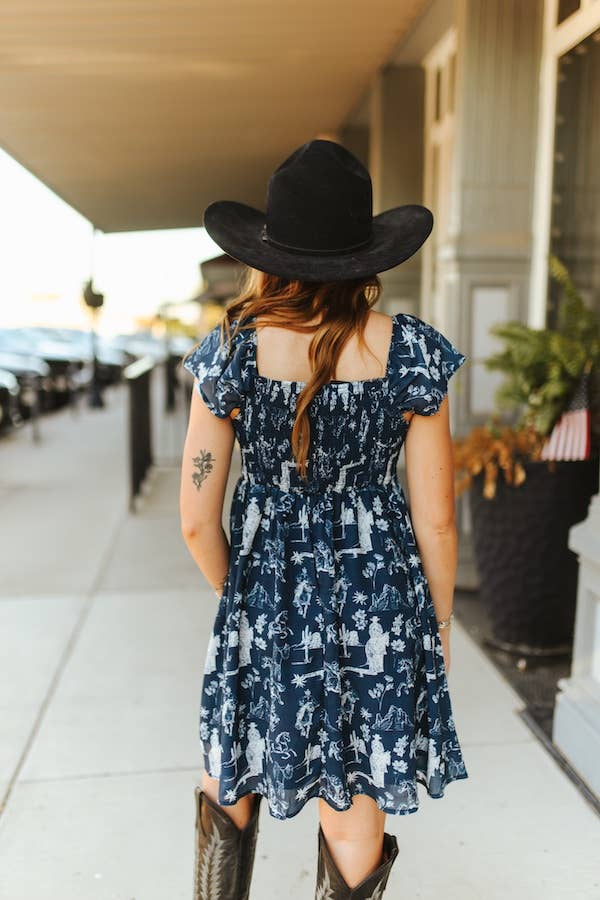 Navy Western Puff Sleeve Dress