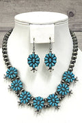 Turquoise Floral Cluster Necklace and Earrings Set