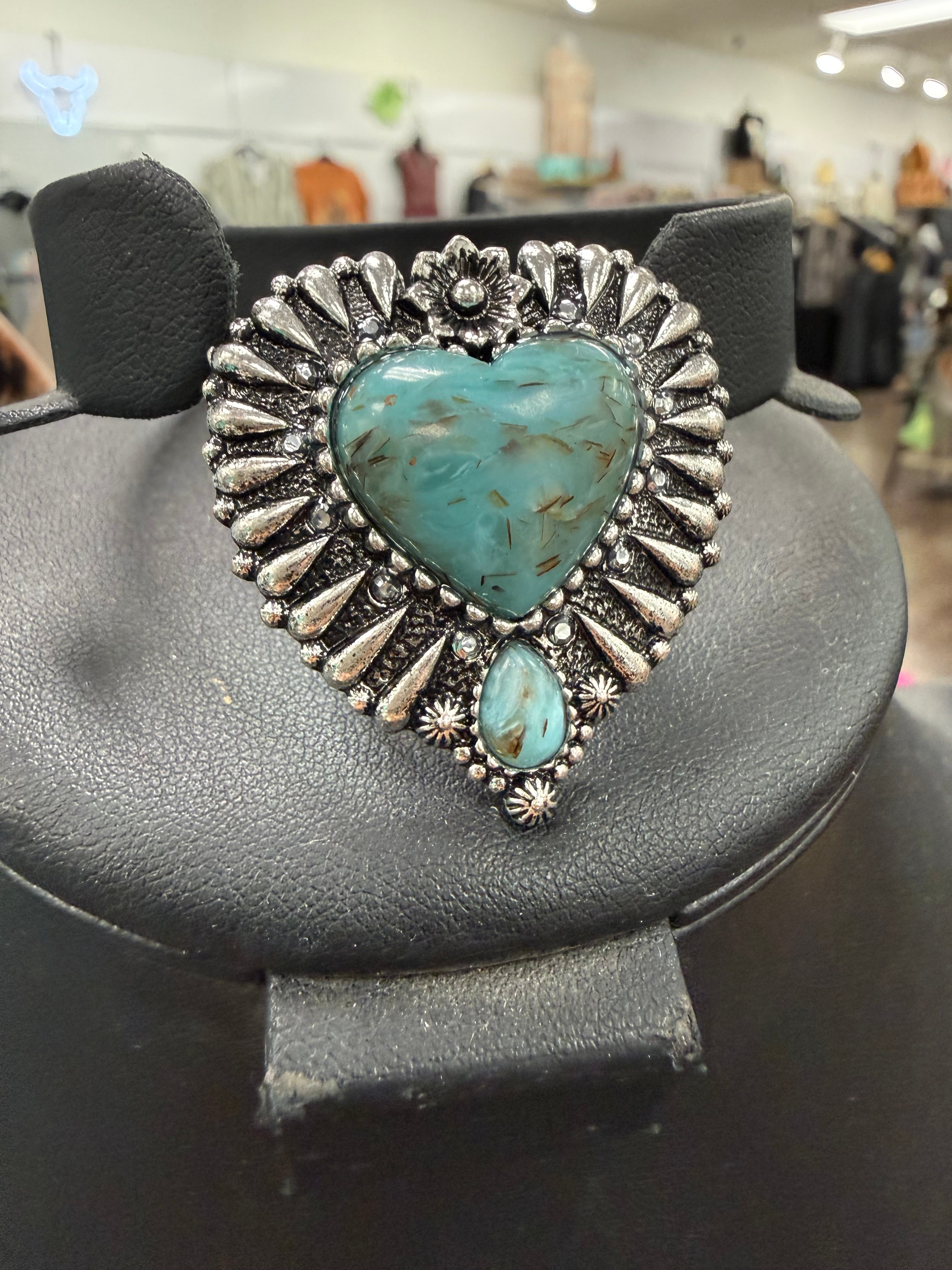Stamped Turquoise Heart Stretch Ring