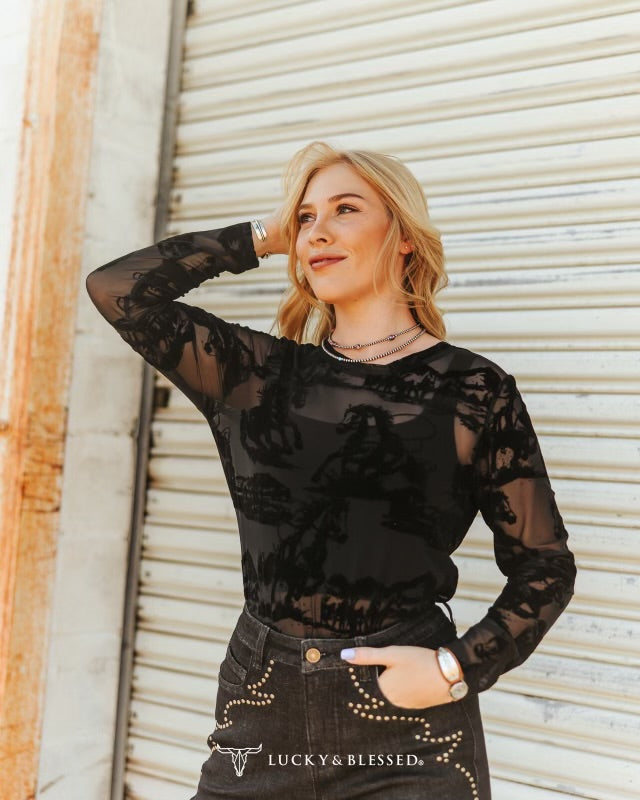 Black Horse Velvet Mesh Top