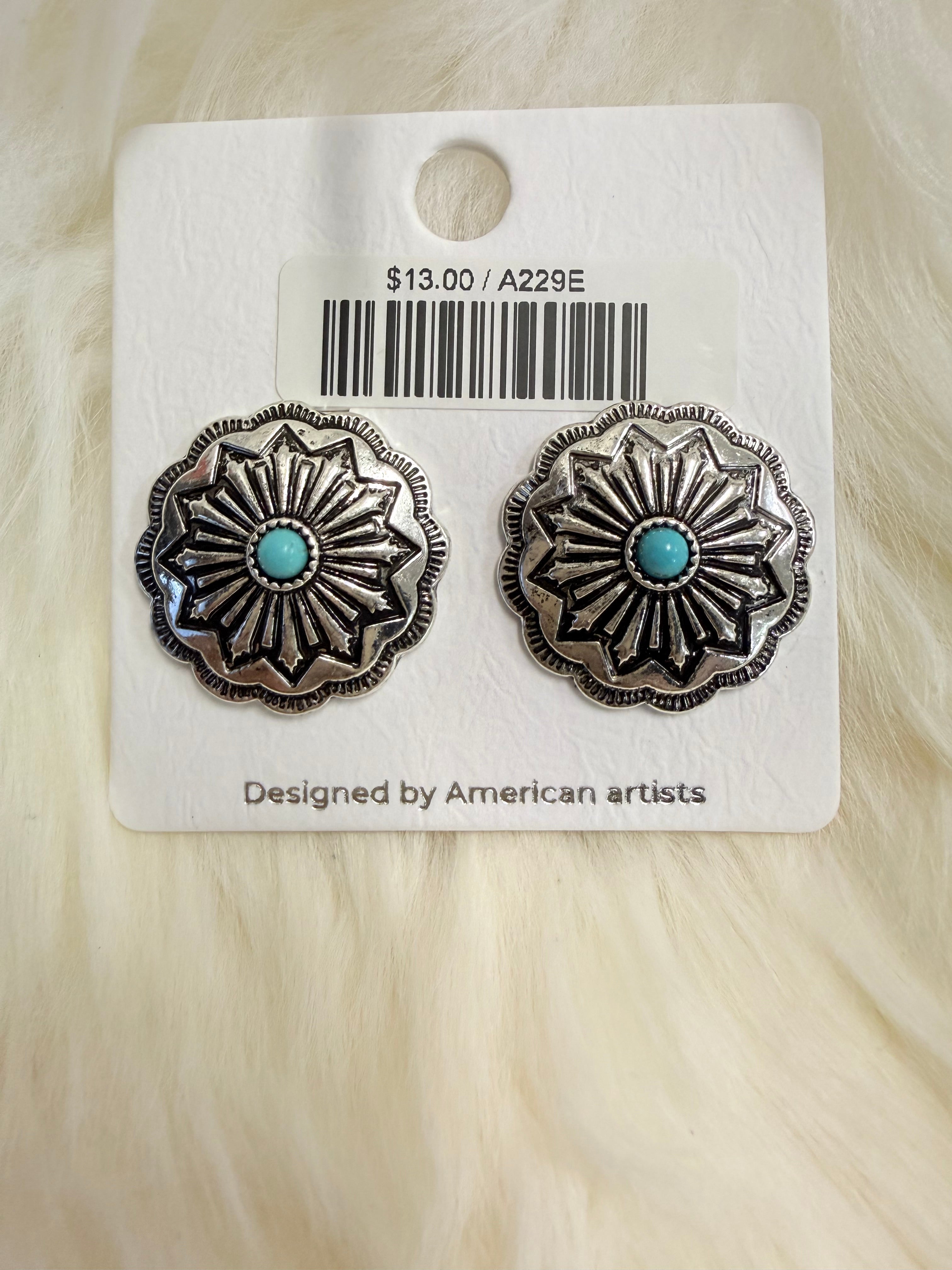 Turquoise Stamped Concho Post Earrings