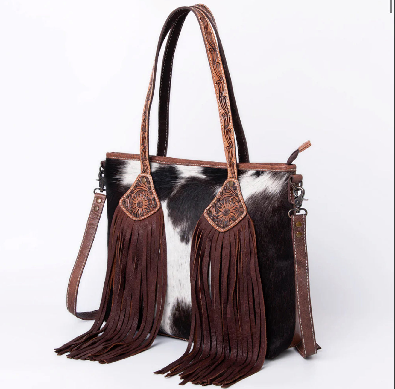 Cowhide Tooled Leather Fringe Tote Crossbody