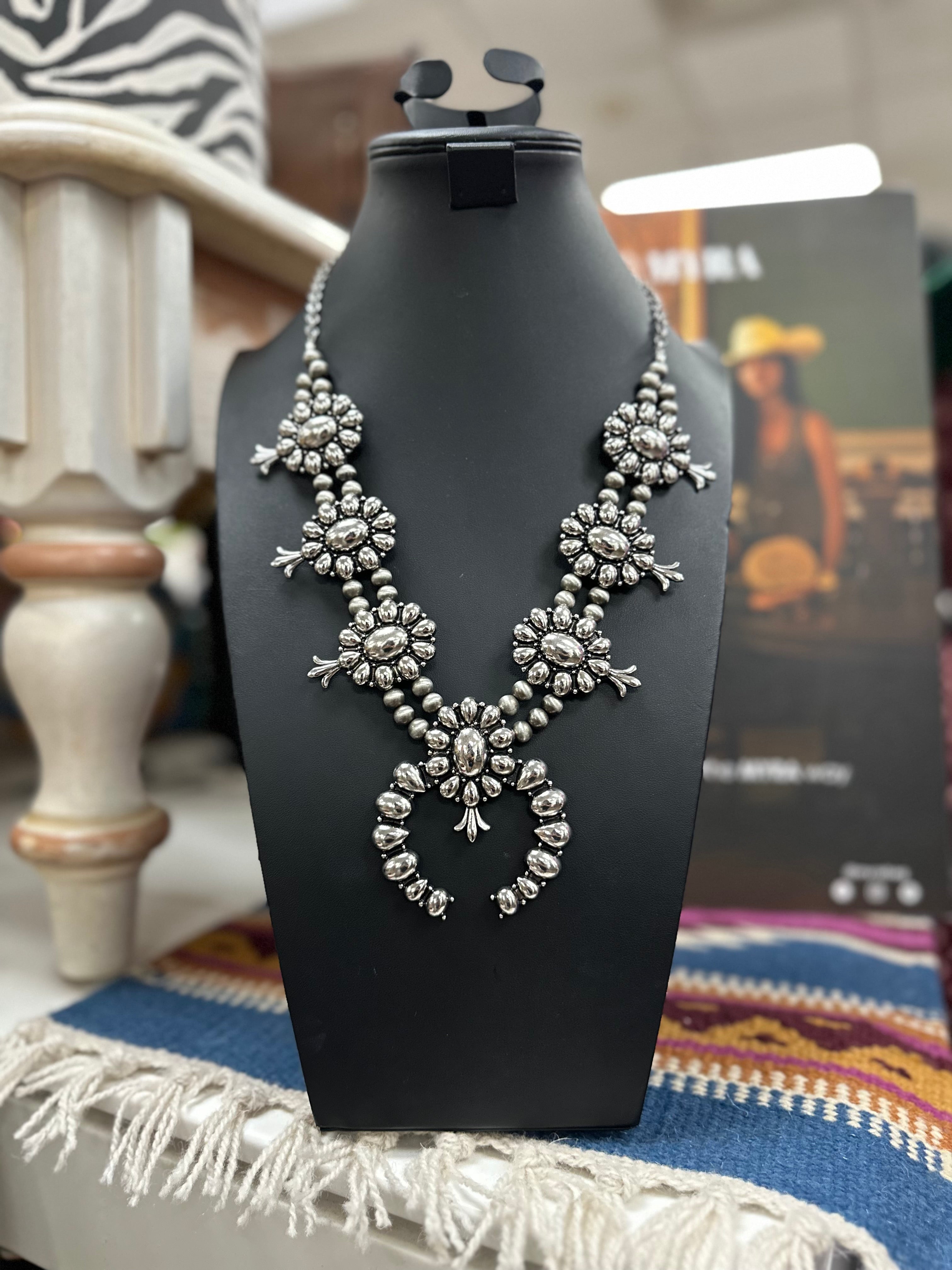 Silver Stamped Cluster Squash Necklace and Earrings Set