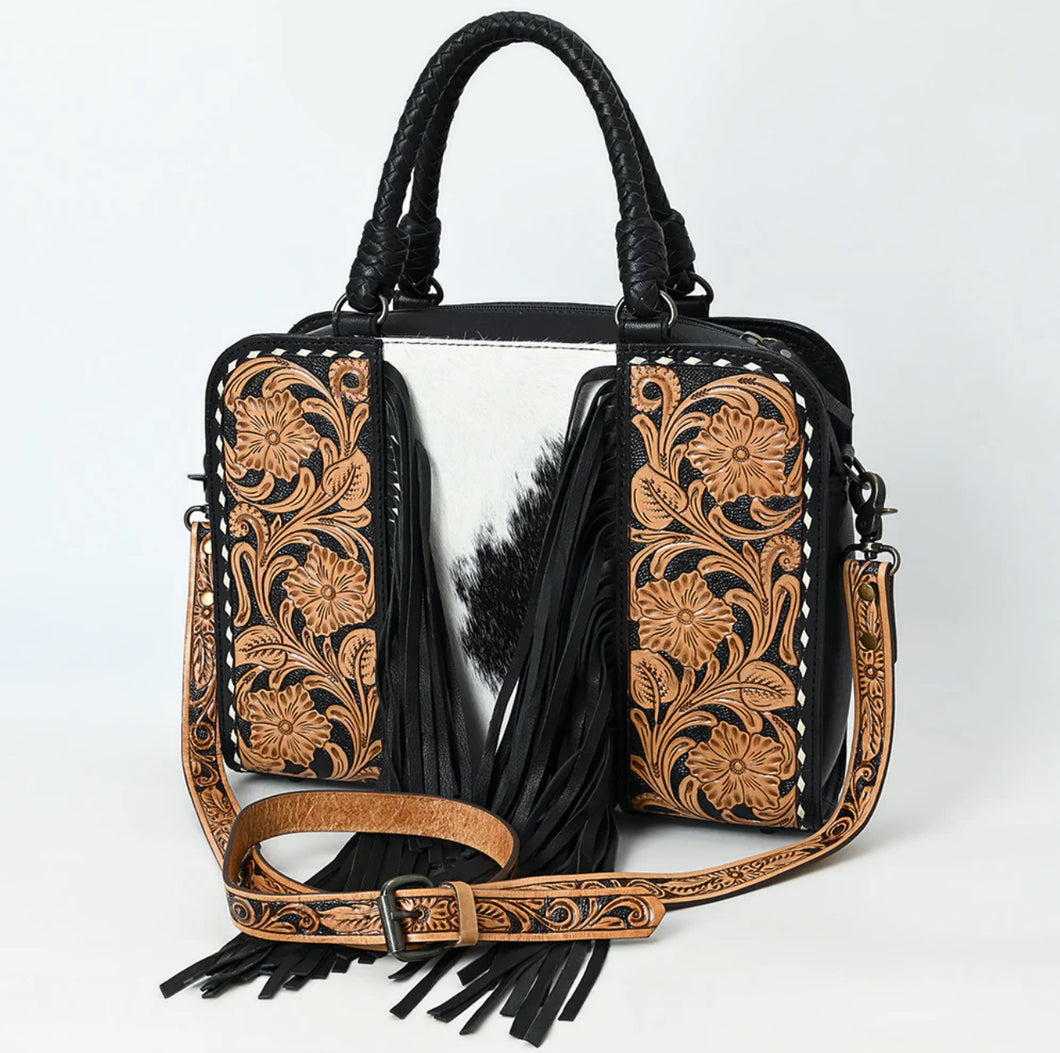 Hand Tooled Leather Fringe Tote Bag