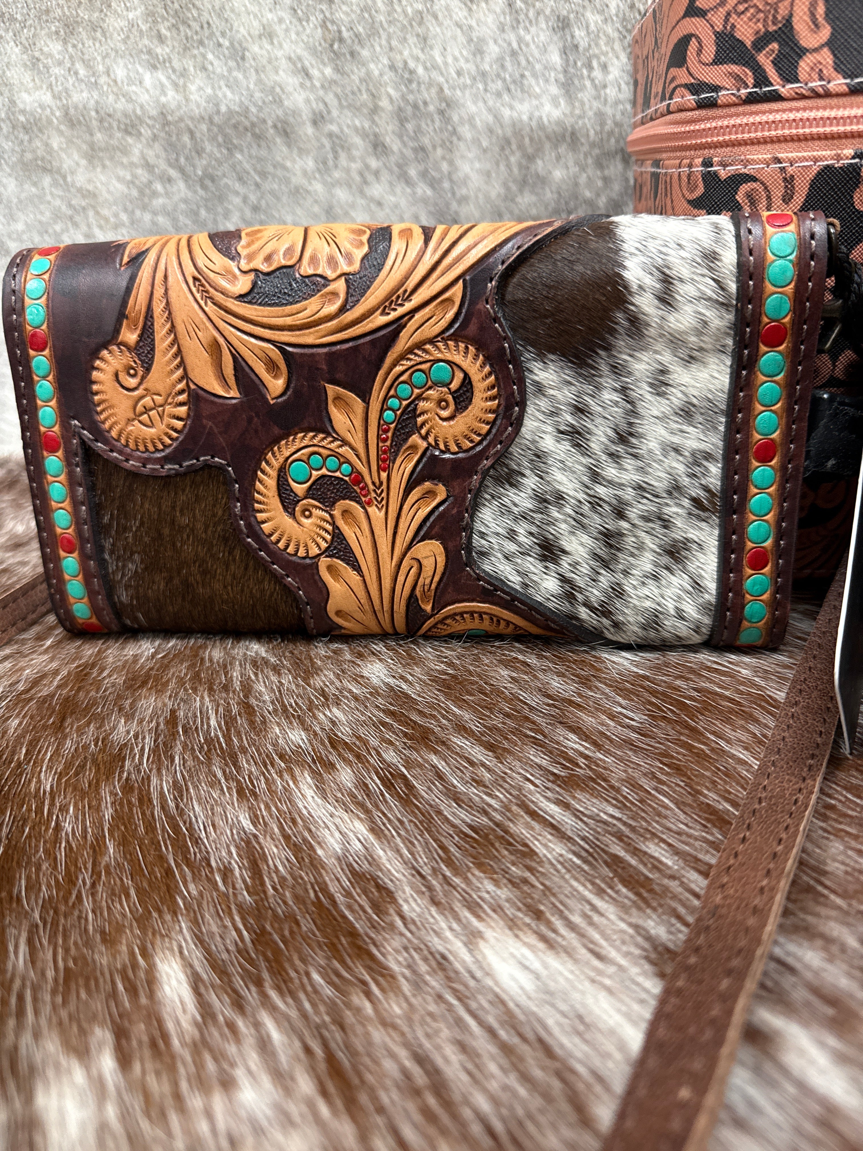 Hand Tooled Cowhide Wallet Crossbody