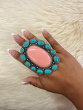 Turquoise/Peach Cluster Cuff Ring