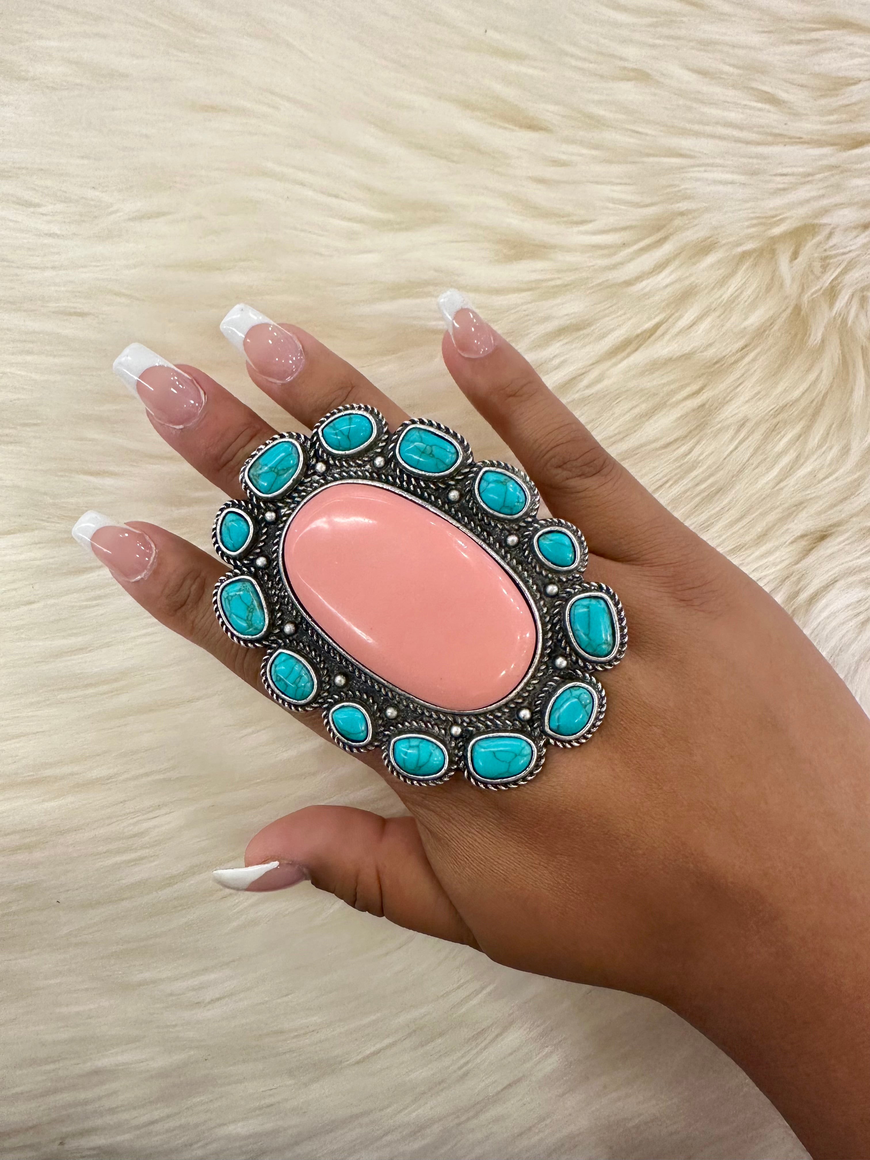 Turquoise/Peach Cluster Cuff Ring