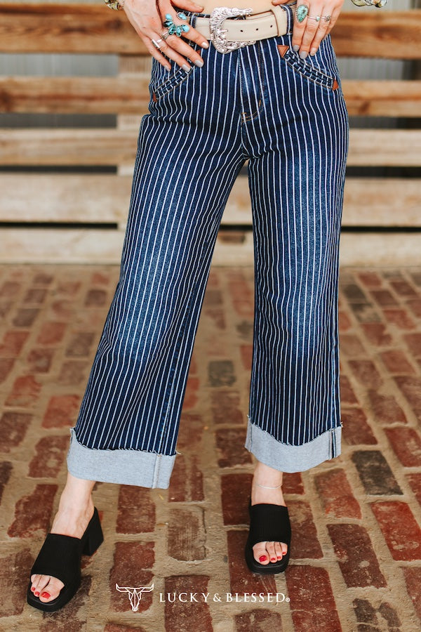 Pinstripe Denim Boyfriend Jeans
