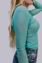 Turquoise Rhinestone Horse Mesh Top