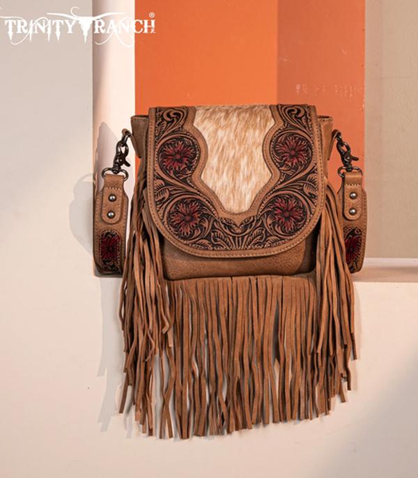 Trinity Ranch Tan Embossed Hair-On Fringe Crossbody