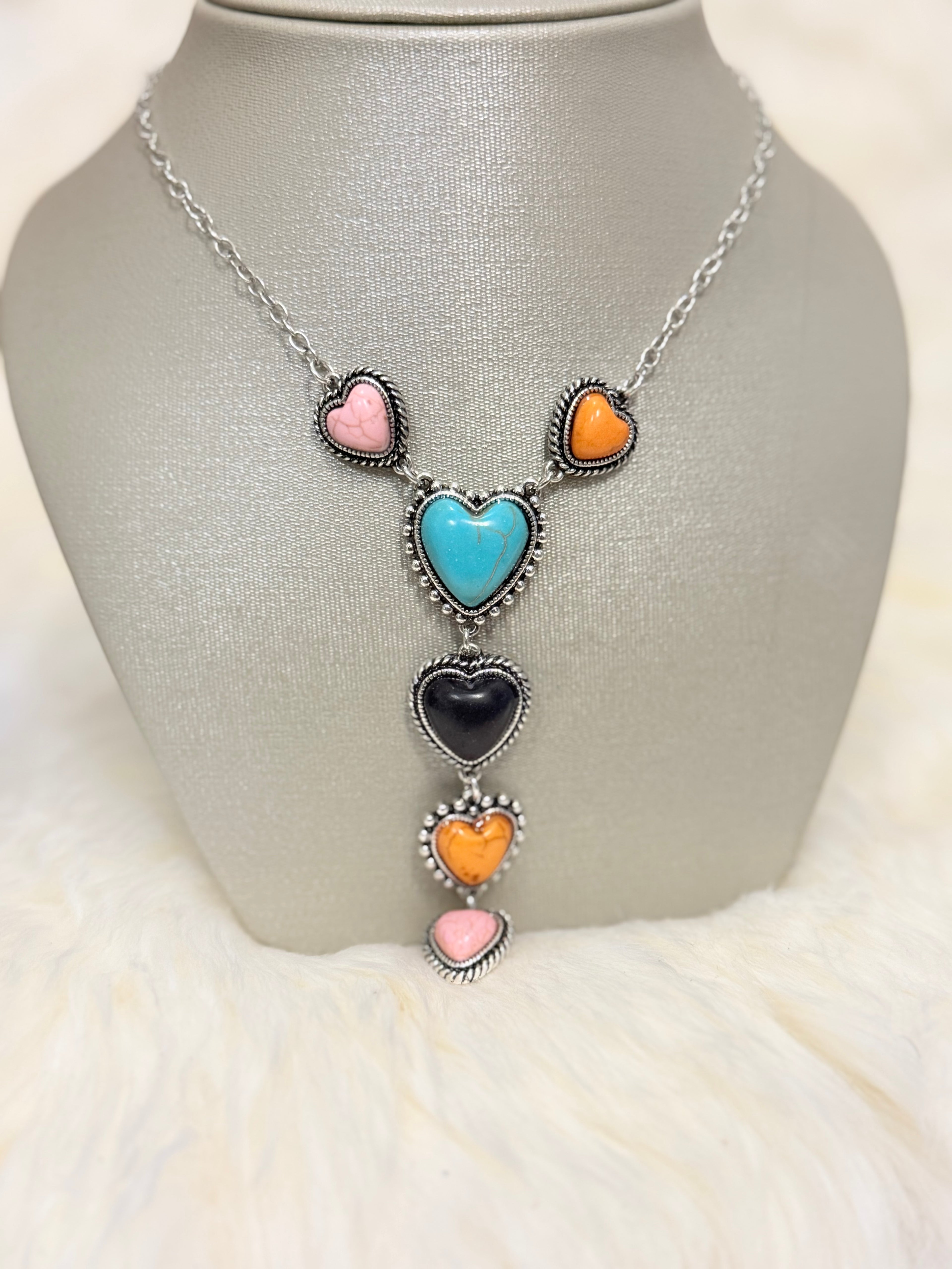 Multi-Colored 3 Stack Heart Pendant Necklace