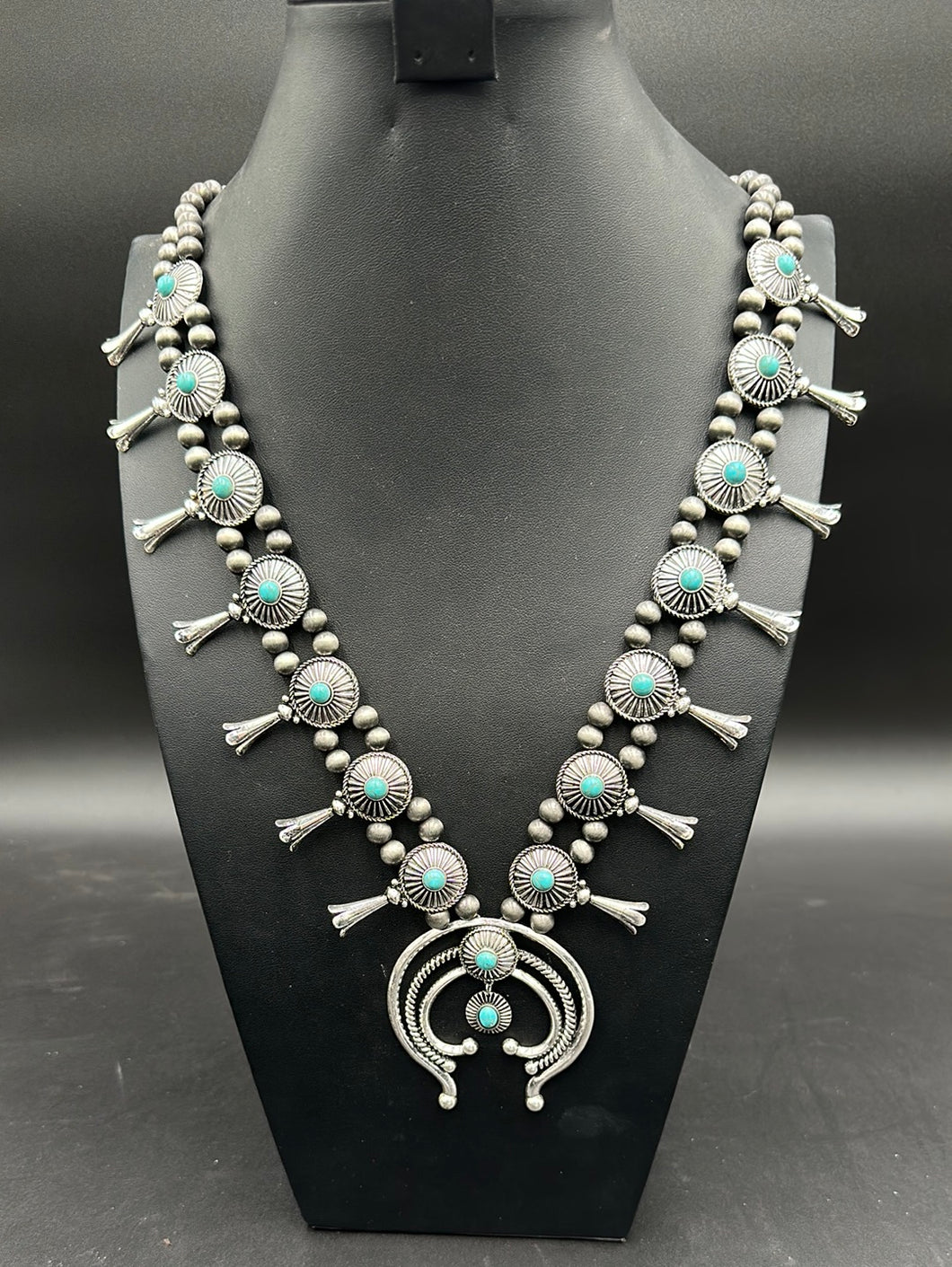 Turquoise Concho Squash Blossom Necklace