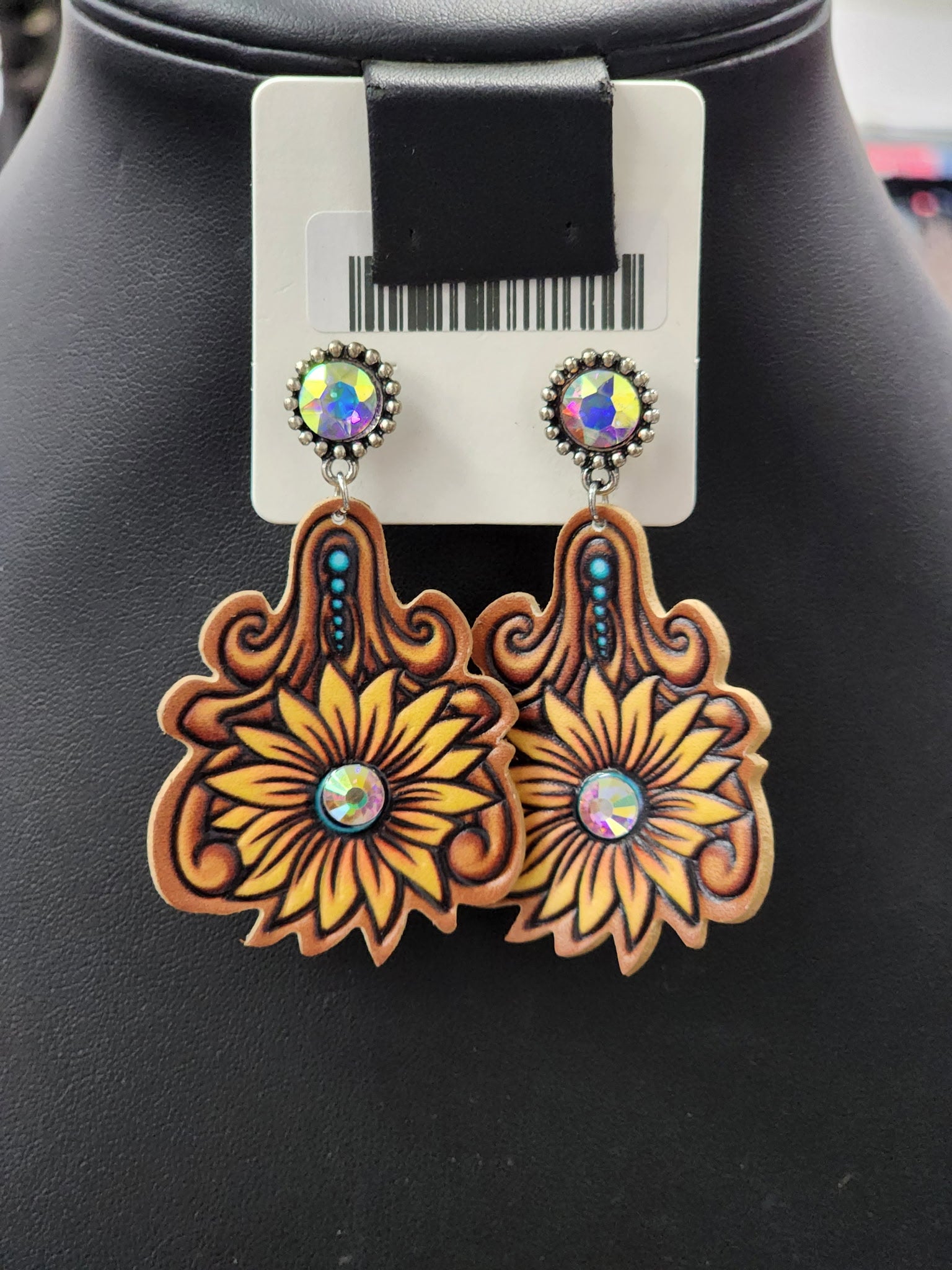 Sunflower Embossed Crystal Post Earrings