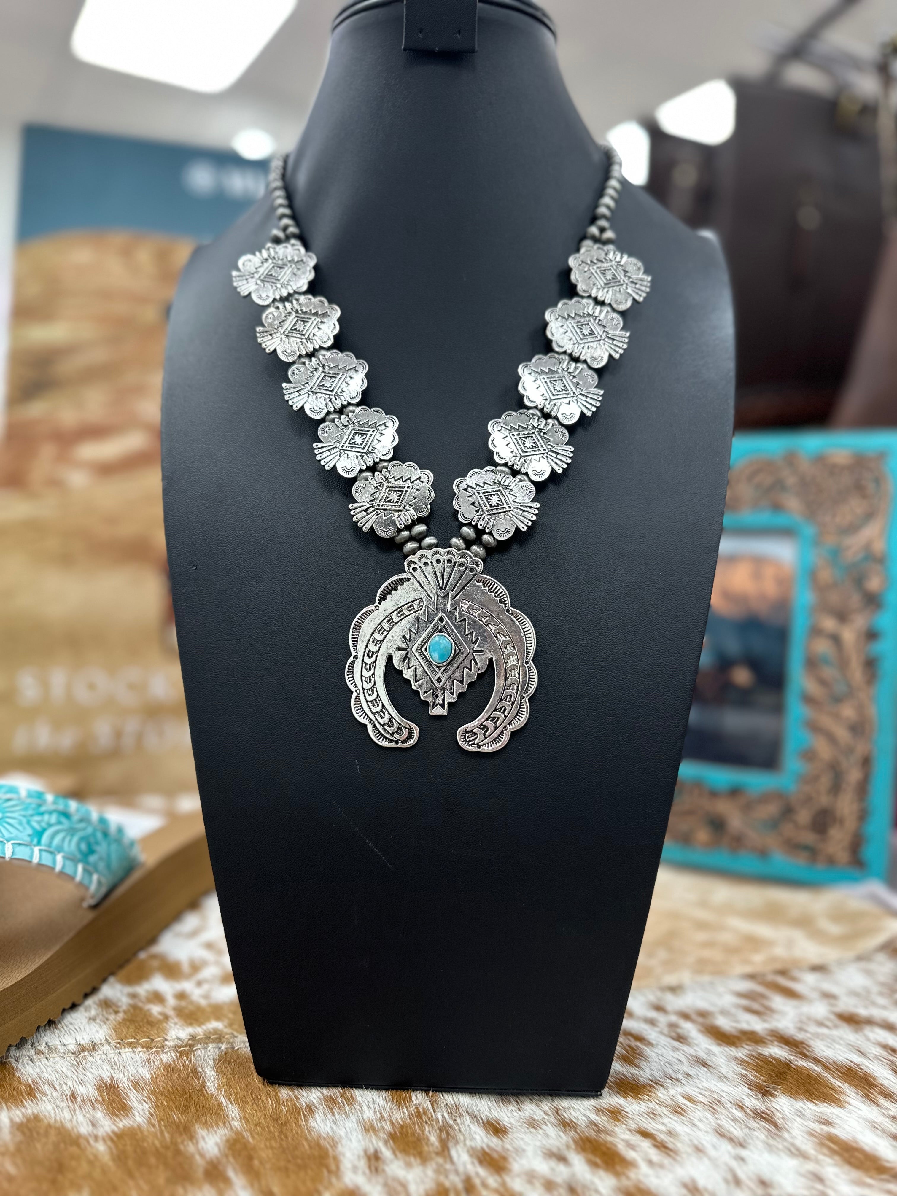 Silver Stamped Aztec Squash Necklace and Earrings Set