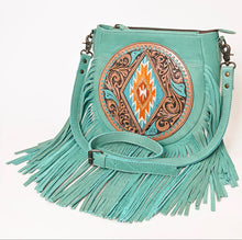 Load image into Gallery viewer, Turquoise Tooled Leather Fringe Crossbody
