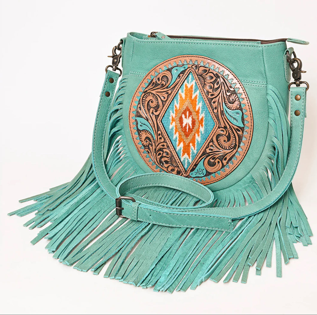 Turquoise Tooled Leather Fringe Crossbody