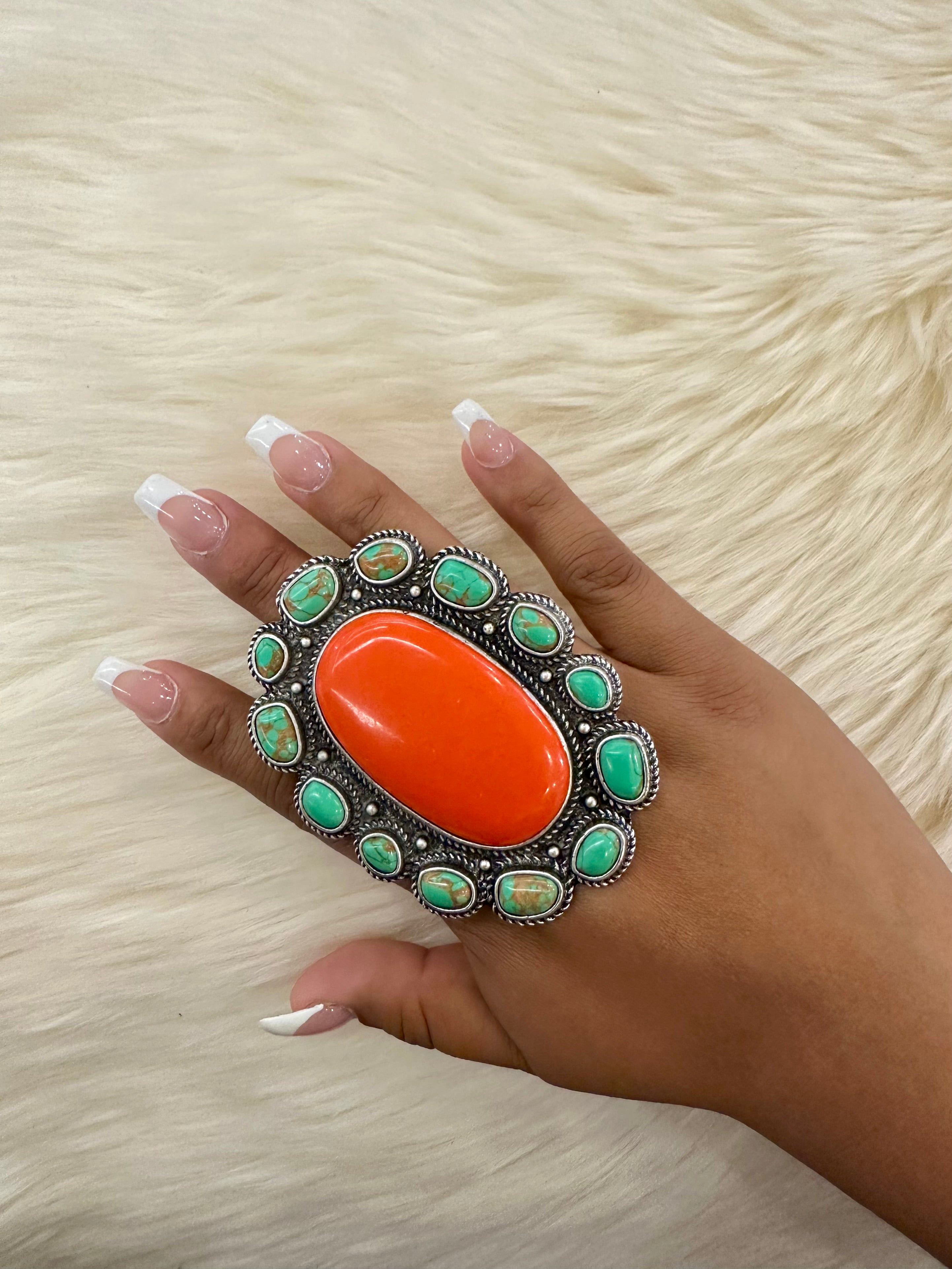 Green/Orange Cluster Cuff Ring