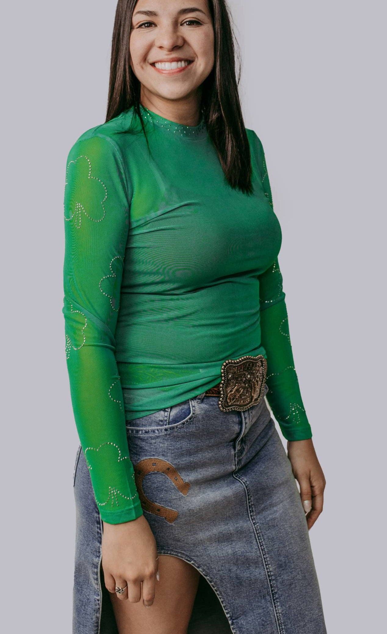 Lucky in Rhinestones Mesh Top