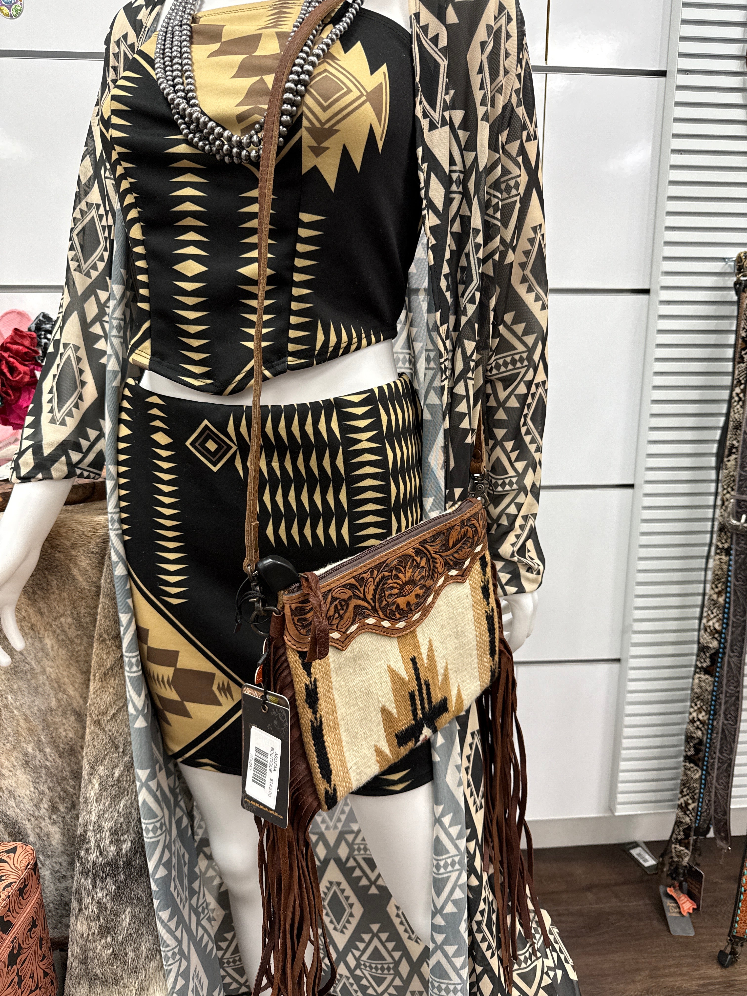 Hand Tooled Leather Woven Fringe Crossbody