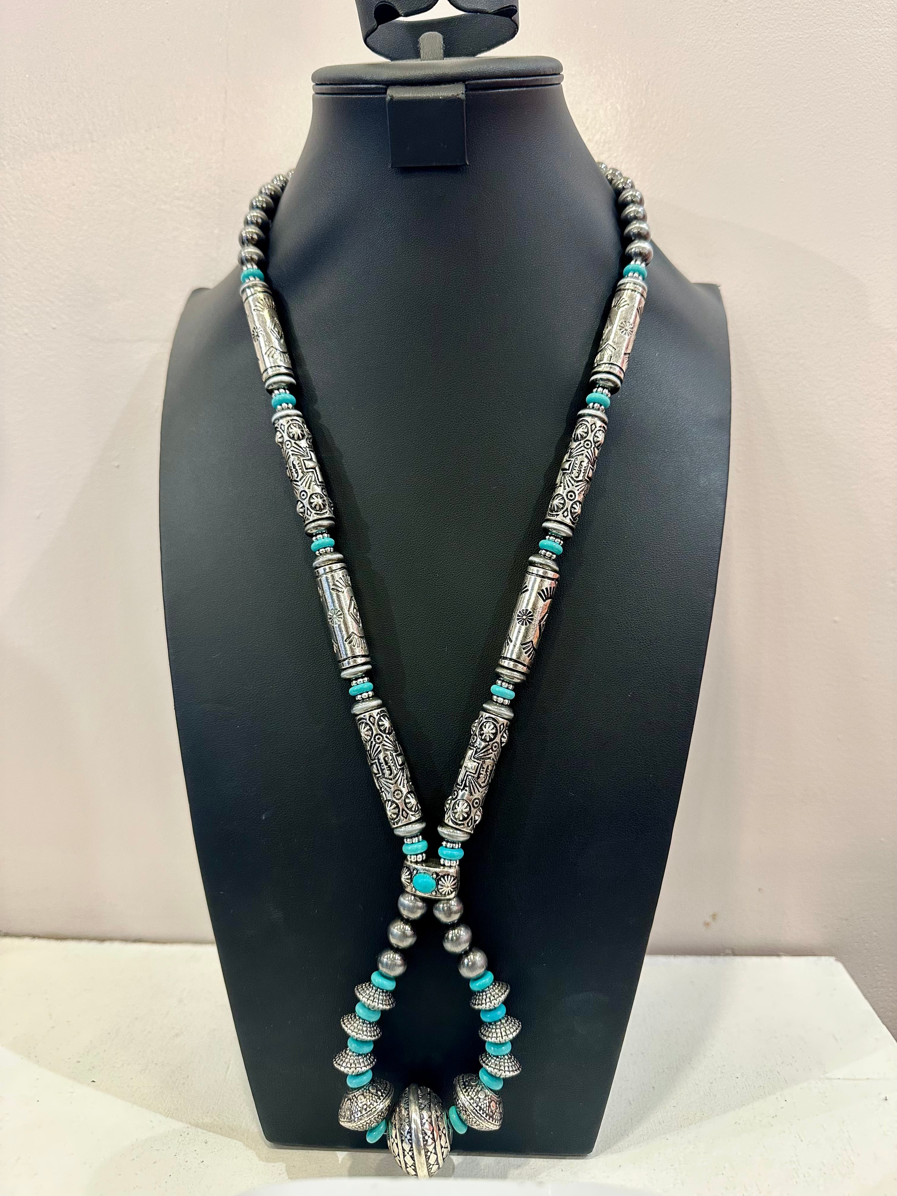 Turquoise Pearl Stamped Necklace and Earrings Set