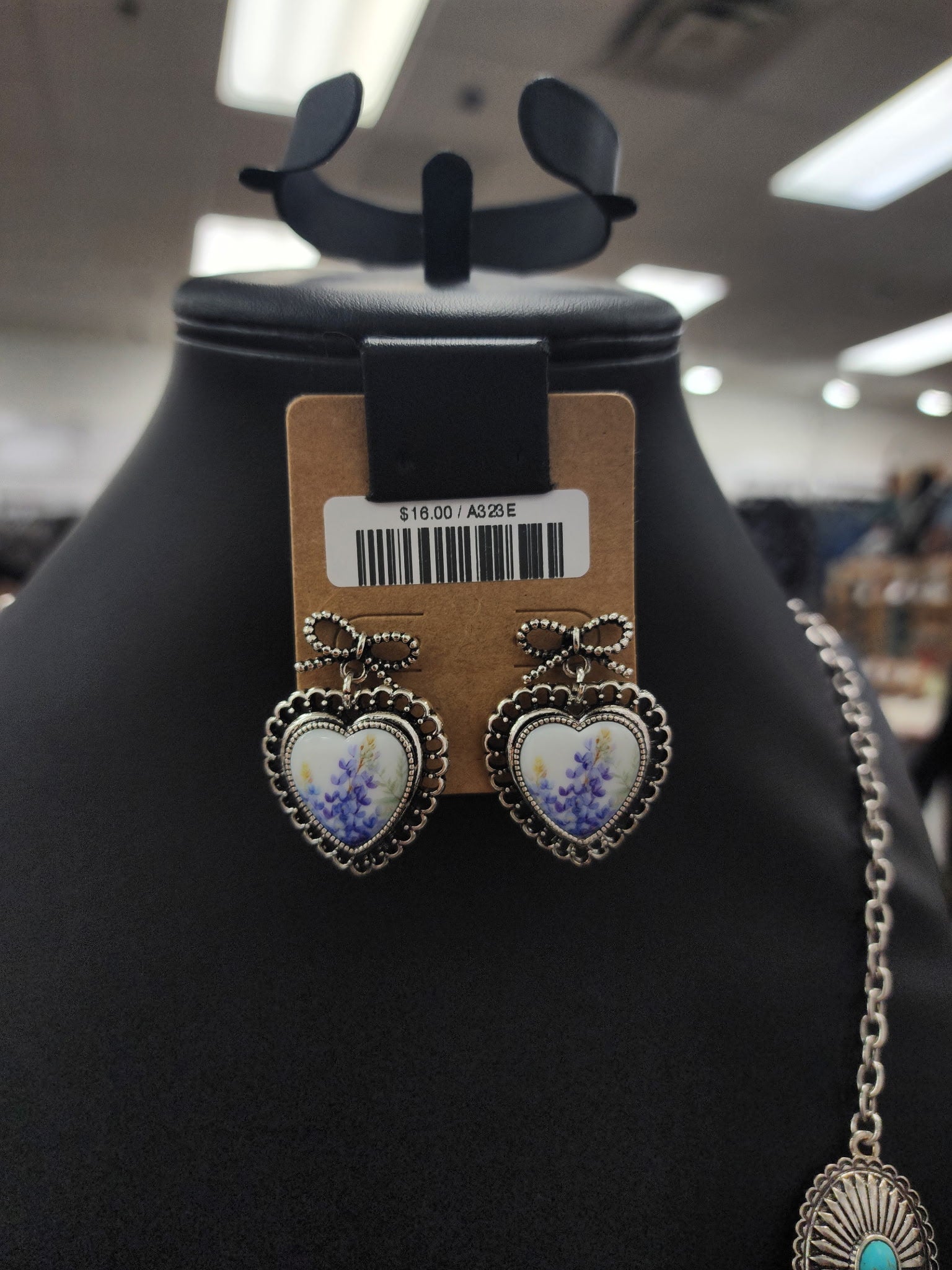 Blue Floral Ribbon Heart Post Earrings