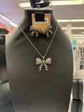 Silver Studded Ribbon Necklace and Earrings Set