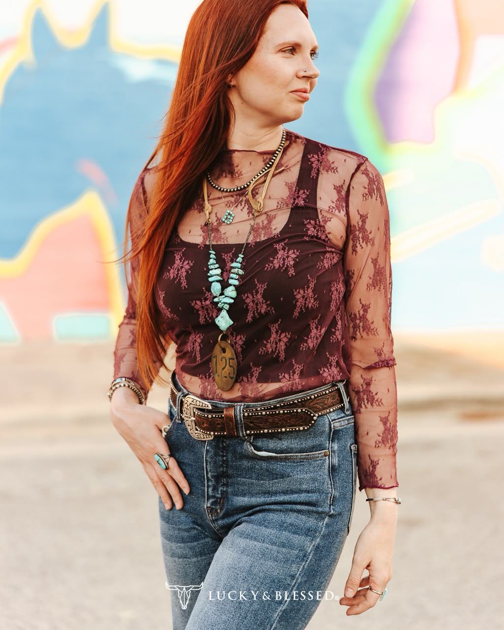 Purple Floral Lace Long Sleeve Mesh Top