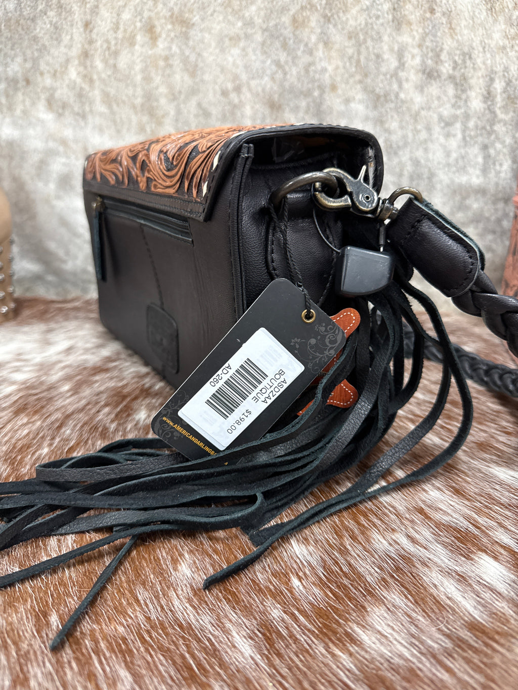 Tooled Leather Cowhide Fringe Crossbody Purse