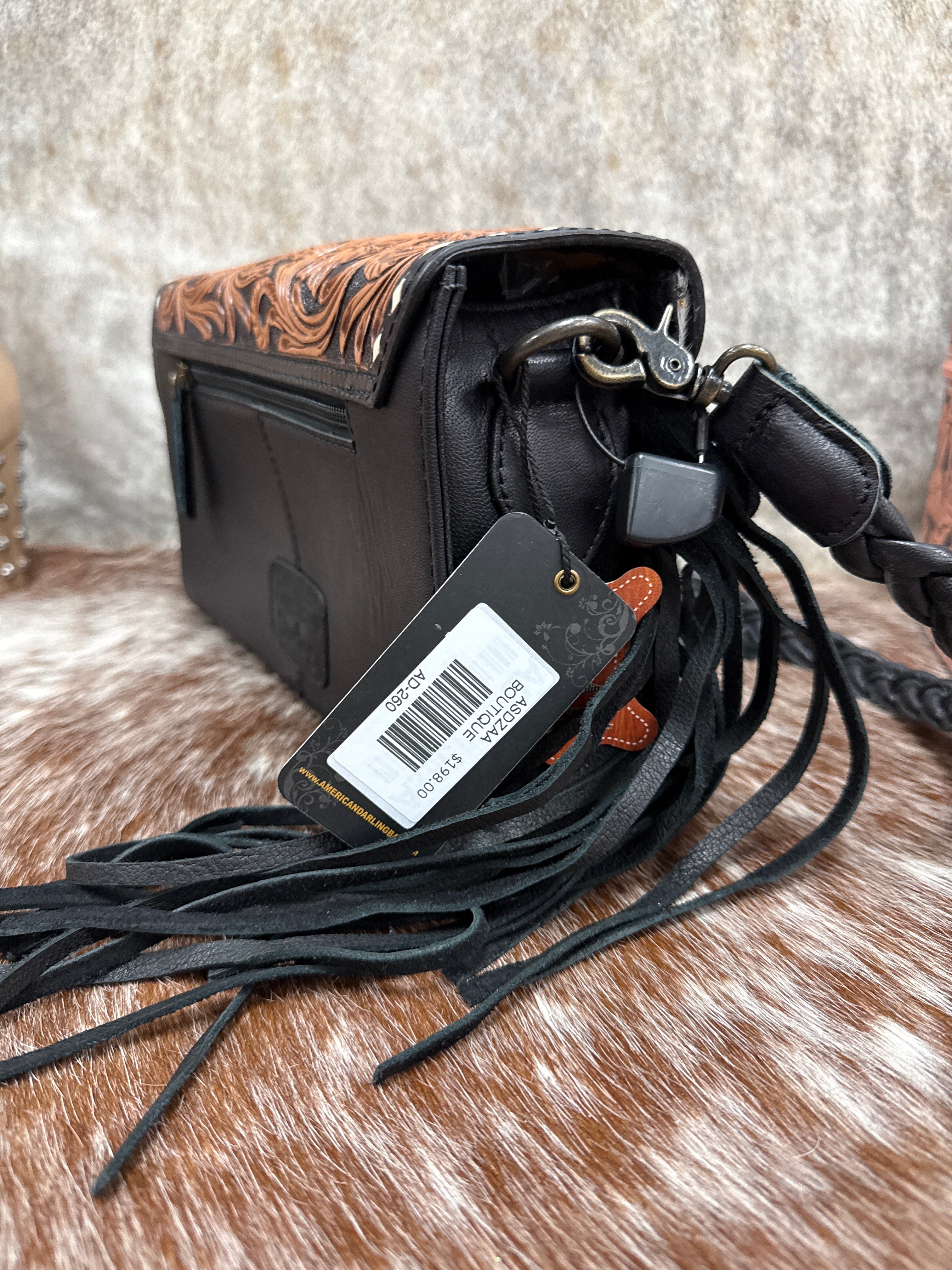 Tooled Leather Cowhide Fringe Crossbody Purse