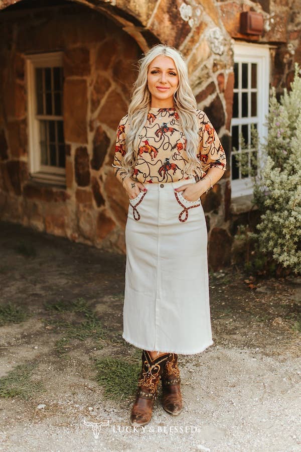 Ivory Stretch Denim Boot-Stitch Skirt