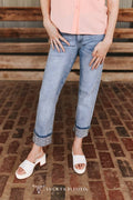 Light Wash Rhinestone Cuffed Jeans