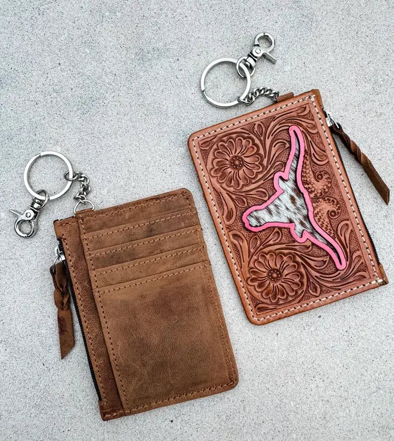 TAN Cowhide Leather Keychain Wallet Longhorn Thunderbird