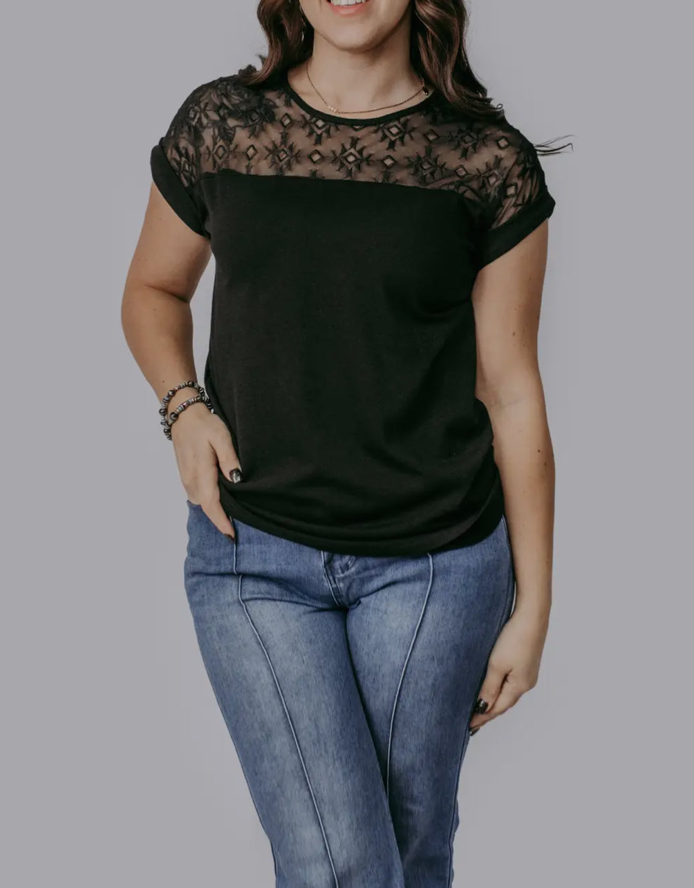 Black Aztec Mesh Top