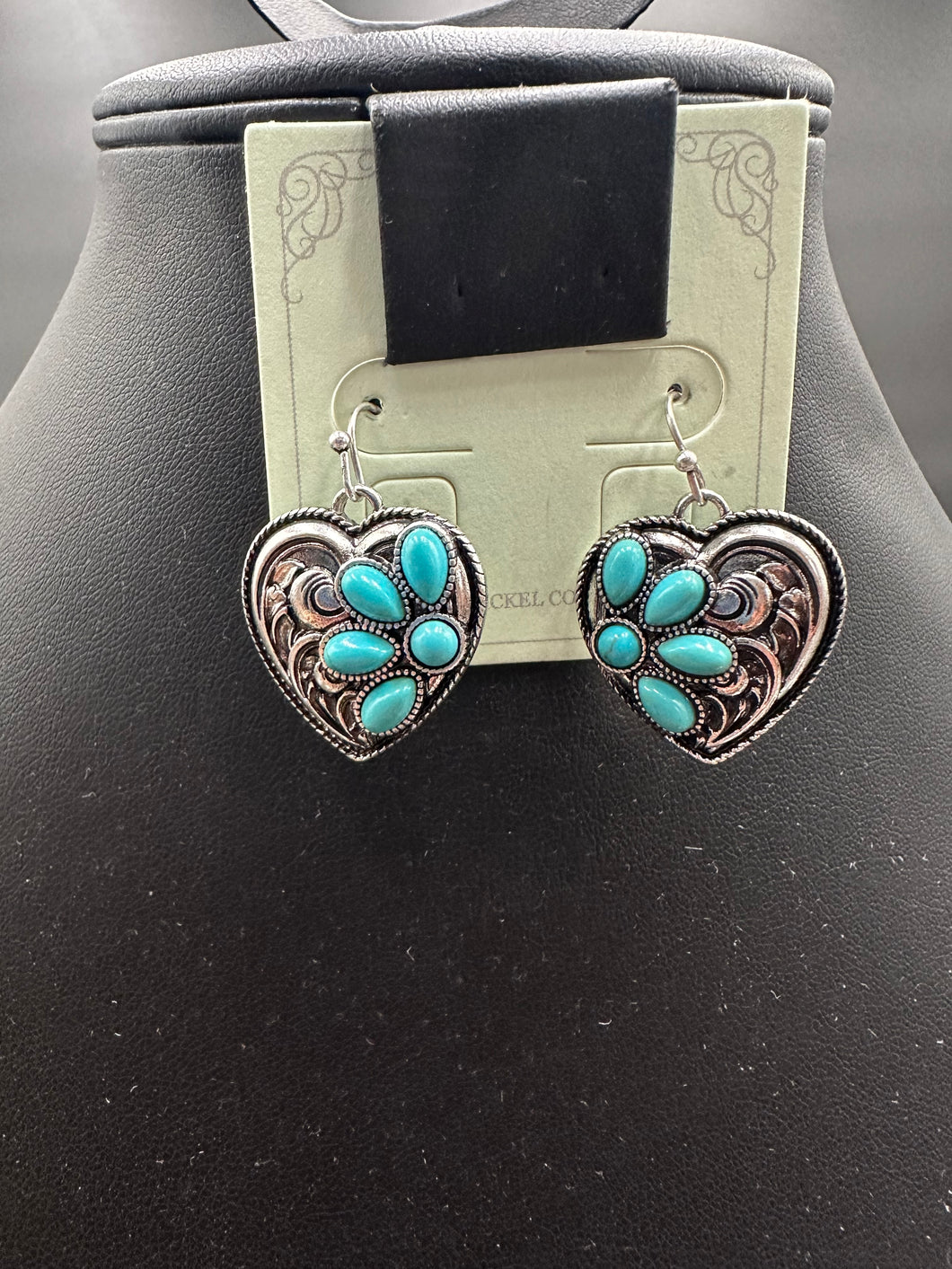 Turquoise Cluster Heart Scroll Fishhook Earrings