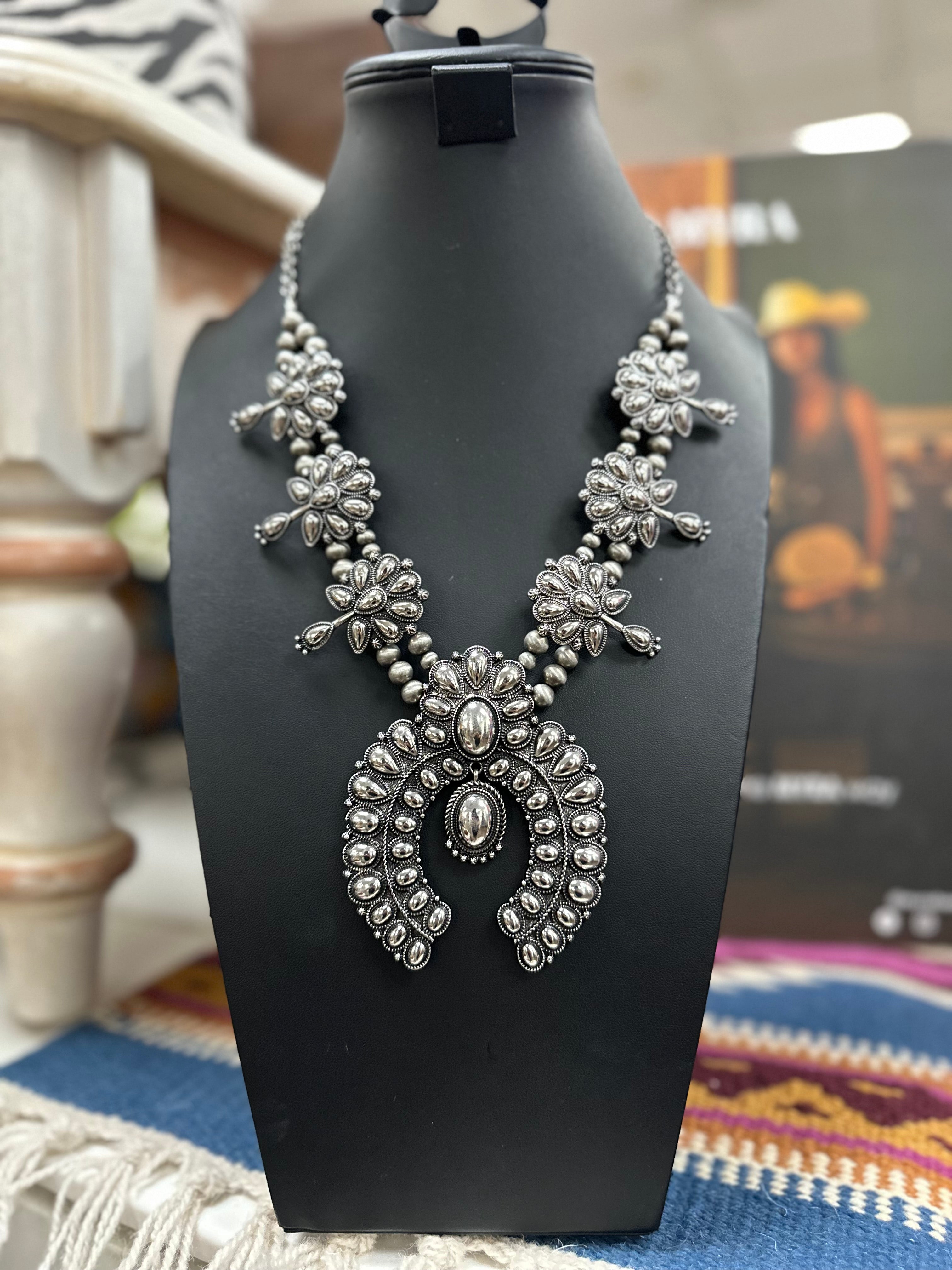 Silver Stamped Cluster Squash Necklace and Earrings Set